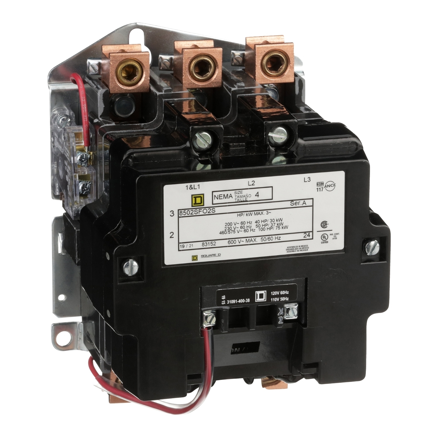 8502SFO2V02S 8502S Type S NEMA Contactor, 120 V AC V Coil, 135 A, 2 Poles