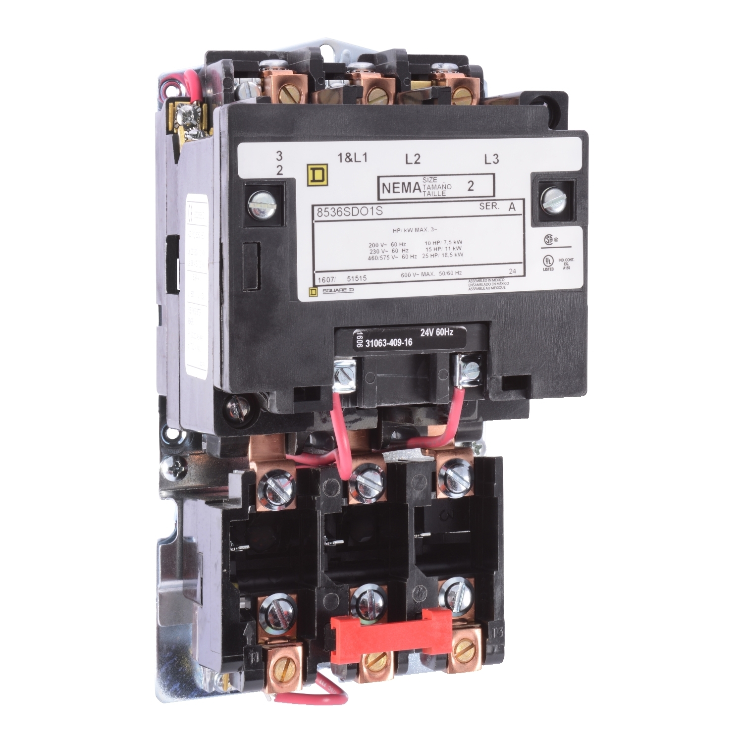 8536SDO1V08 Type S Non-Reversing NEMA Magnetic Starter, 208 VAC V Coil, 3 Poles, Open Enclosure