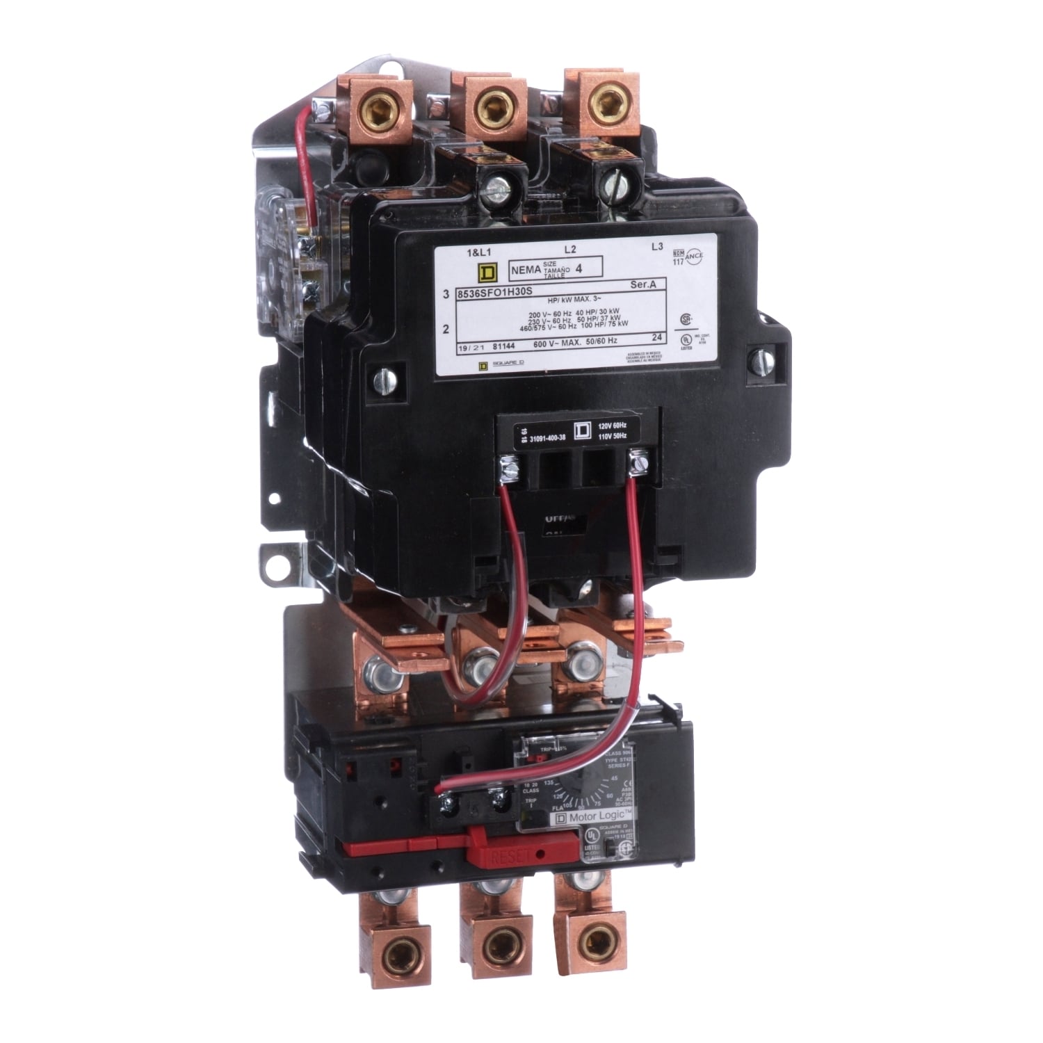 8536SFO1V02H30S Type S Starter, 110/120 VAC V Coil, Non-Reversing Action, 3 Poles, Open Enclosure