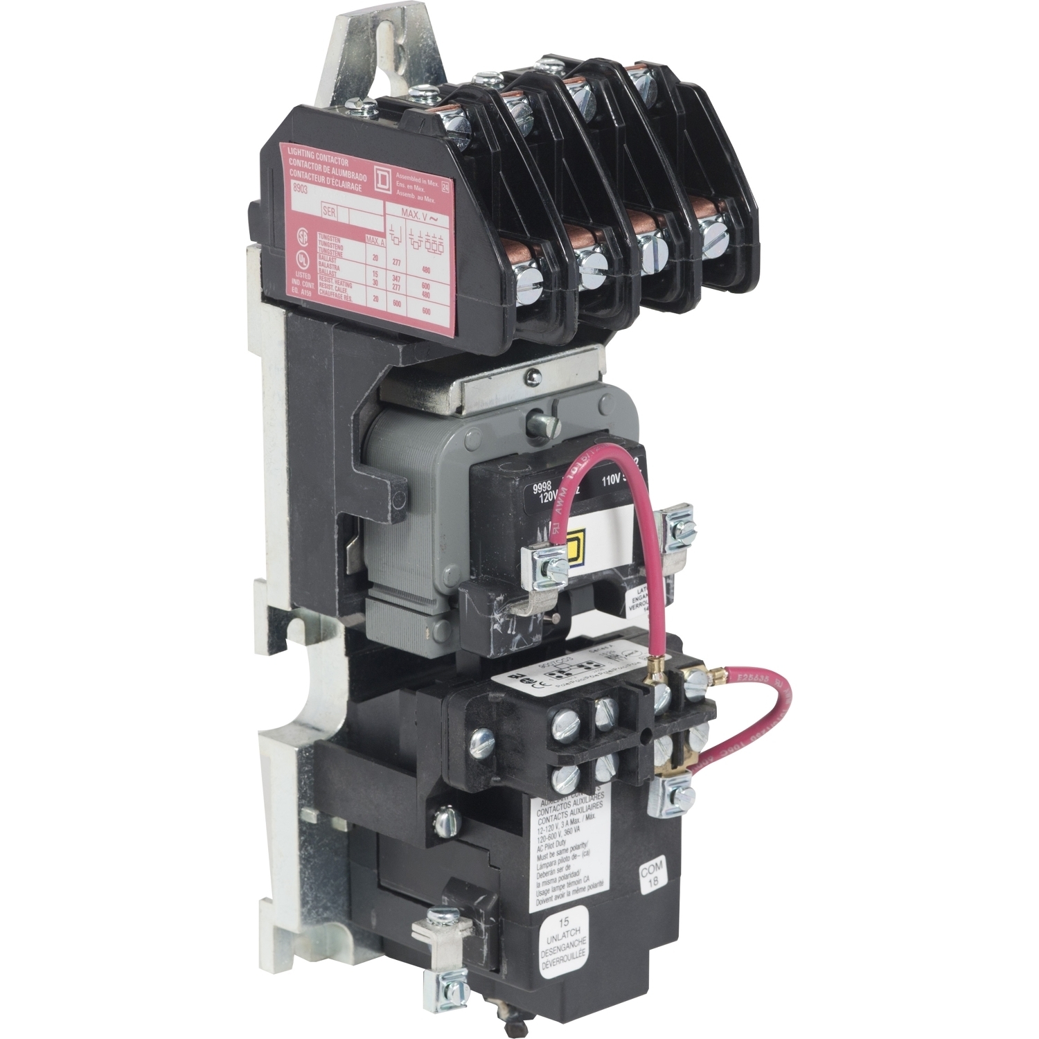 Contactor, Type L, multipole lighting, mechanically held, 30A, 4 pole, 600 V, 277 VAC 60 Hz coil, open style
