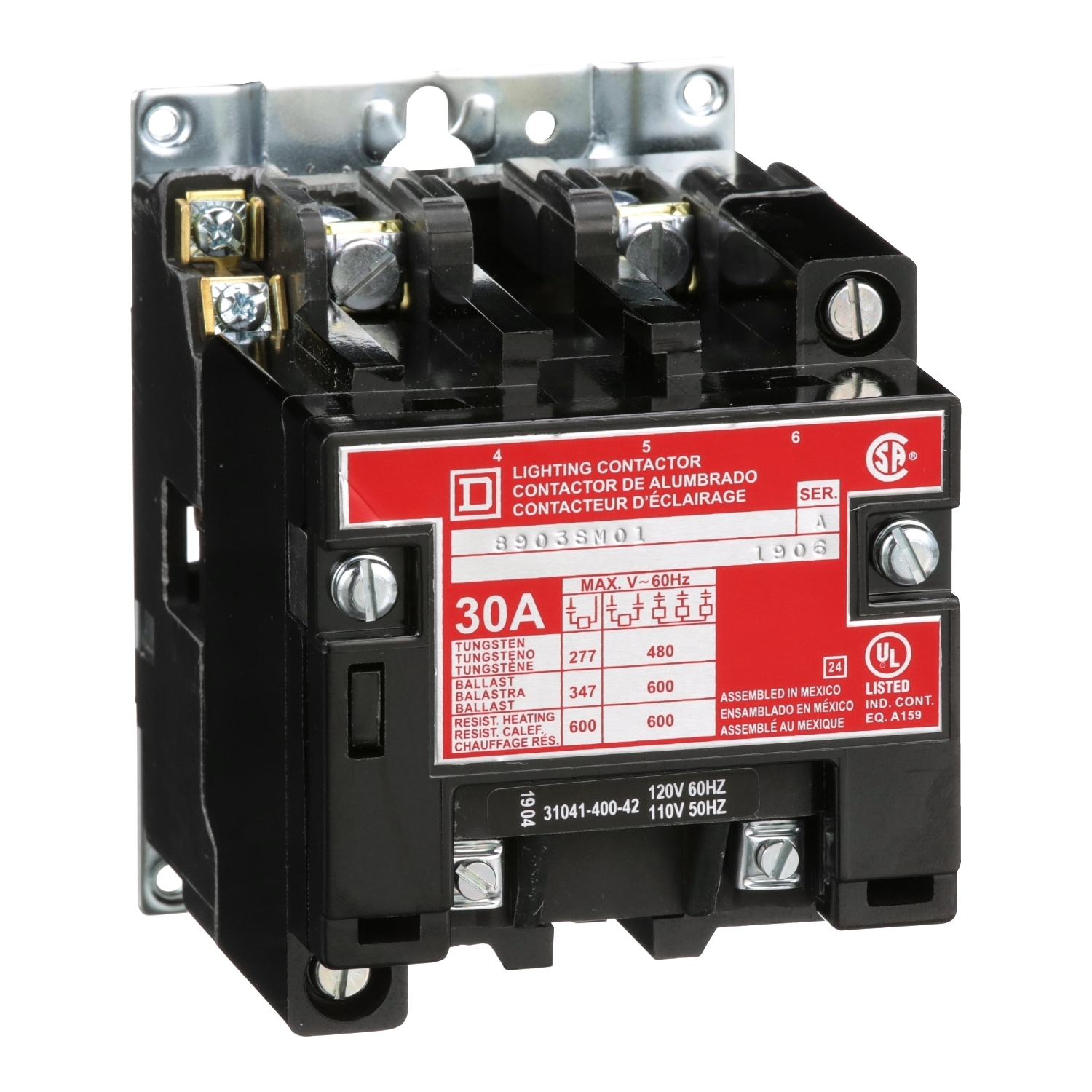 8903SMO1V02 Type S Electrically Held Multi-Pole Lighting Contactor, 110/120 V AC V Coil, 30 A, 2 Poles