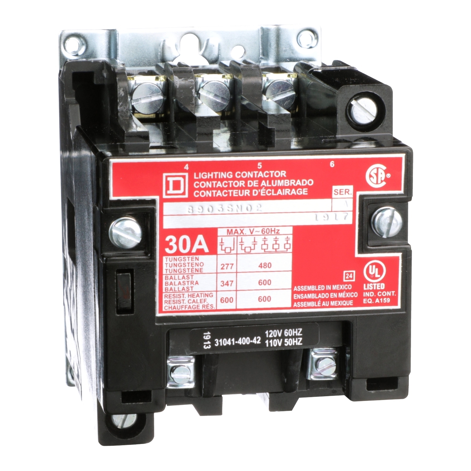 8903SMO2V02 Type S Electrically Held Multi-Pole Lighting Contactor, 110/120 V AC V Coil, 30 A, 3 Poles