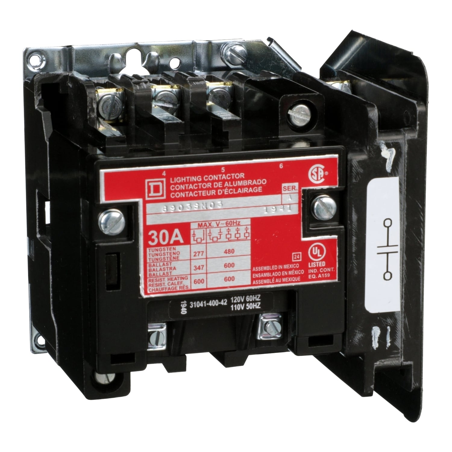 8903SMO3V02 Type S Electrically Held Multi-Pole Lighting Contactor, 110/120 V AC V Coil, 30 A, 4 Poles