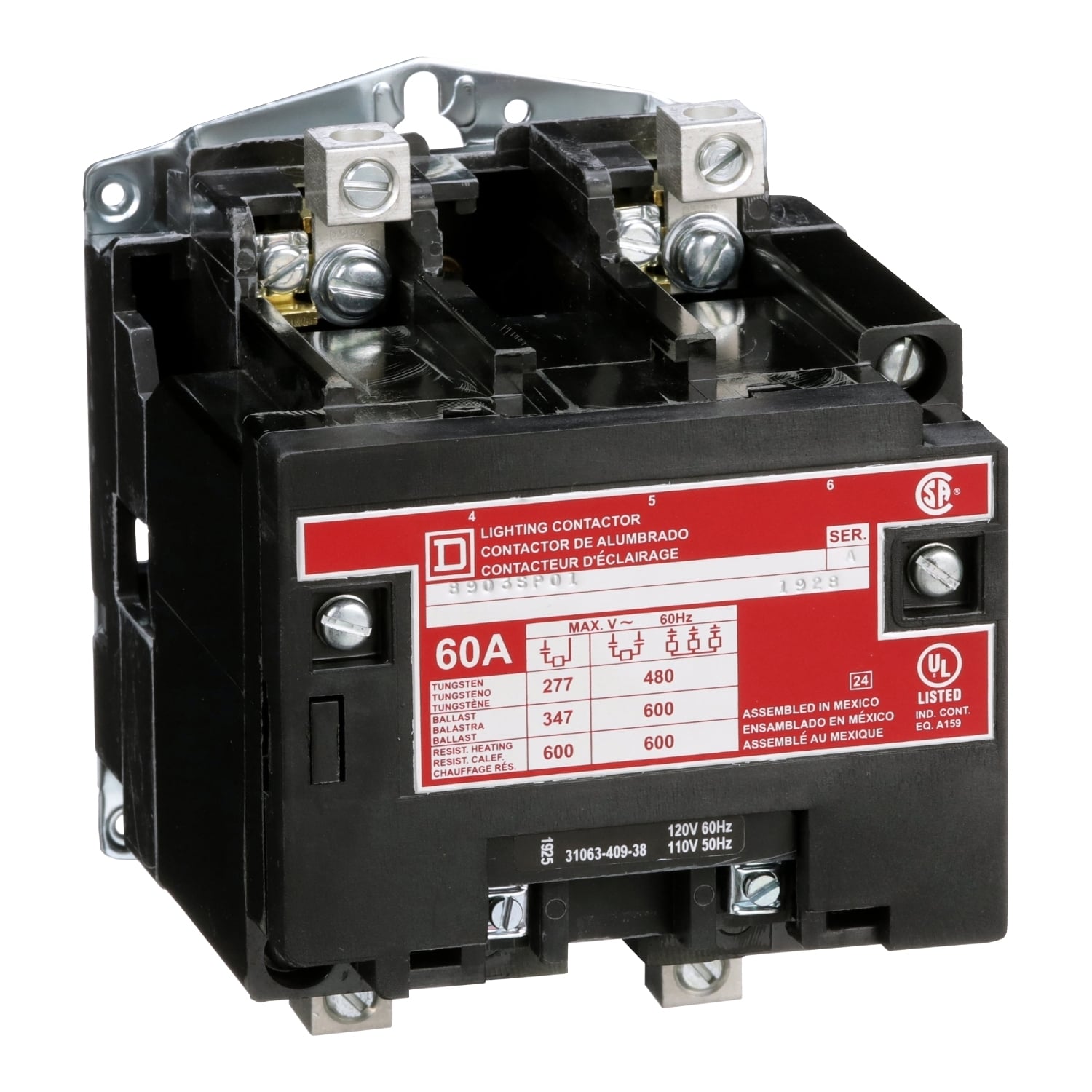 8903SPO1V02 Type S Electrically Held Multi-Pole Lighting Contactor, 110/120 V AC V Coil, 60 A, 2 Poles