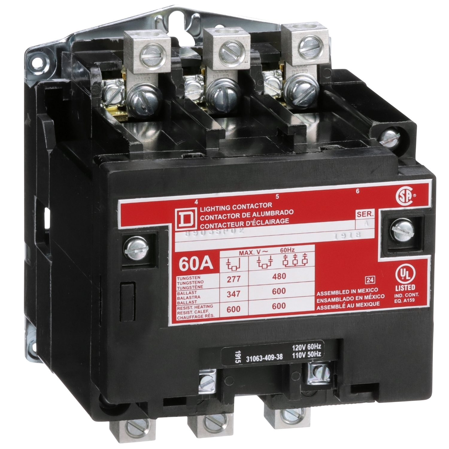 8903SPO2V02 Type S Electrically Held Multi-Pole Lighting Contactor, 110/120 V AC V Coil, 60 A, 3 Poles