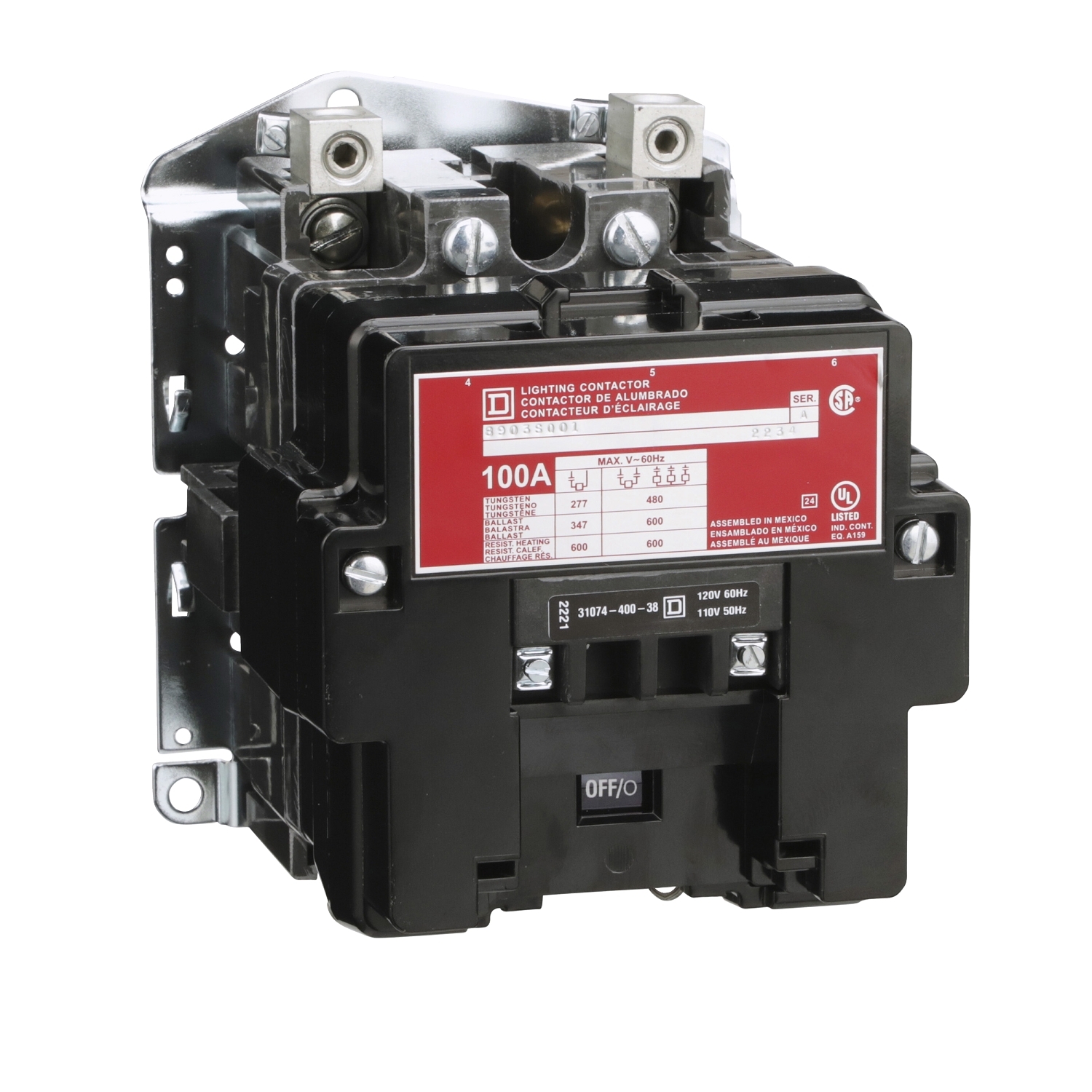 8903SQO1V02 Type S Electrically Held Multi-Pole Lighting Contactor, 110/120 V AC V Coil, 100 A, 2 Poles
