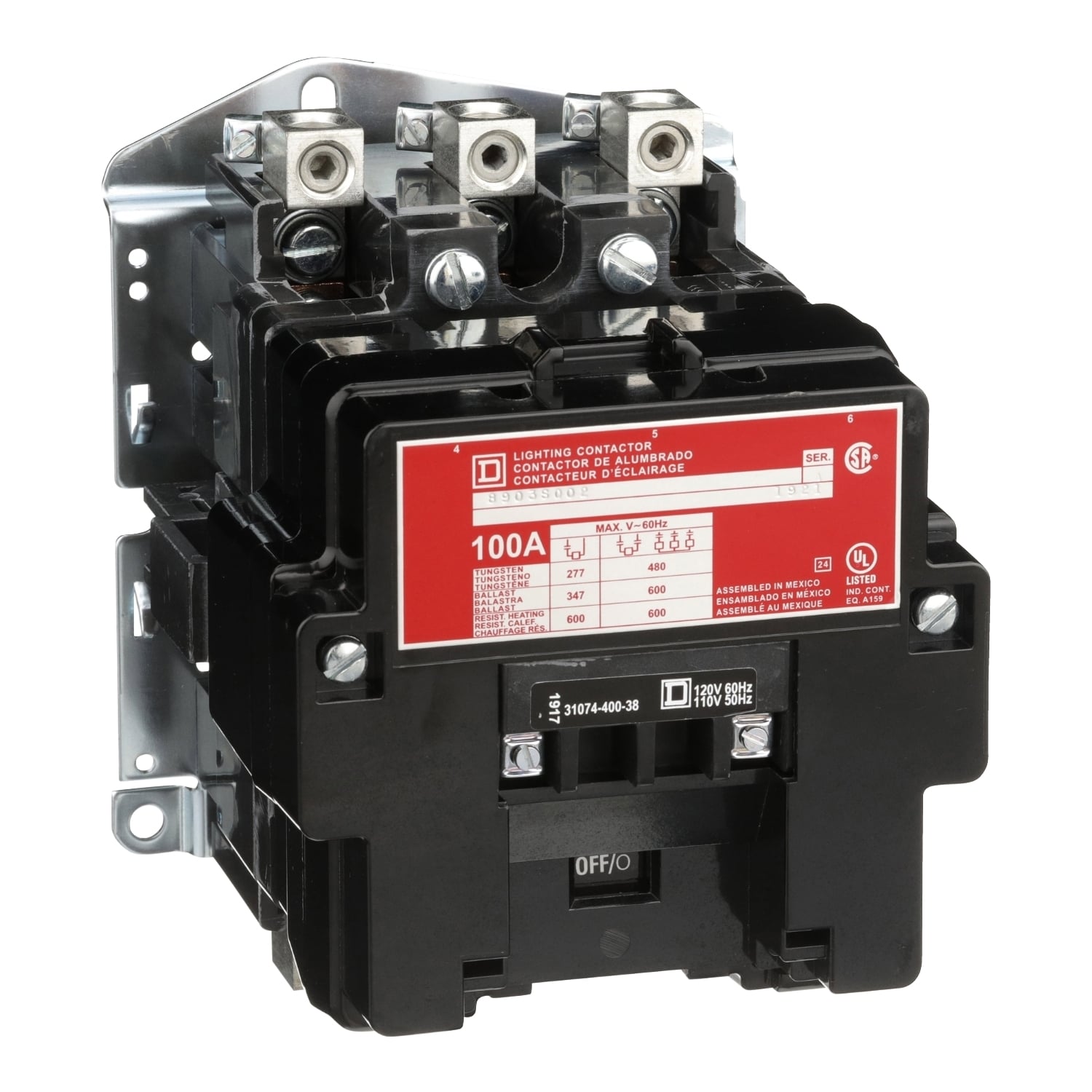 8903SQO2V02 Type S Electrically Held Multi-Pole Lighting Contactor, 110/120 V AC V Coil, 100 A, 3 Poles