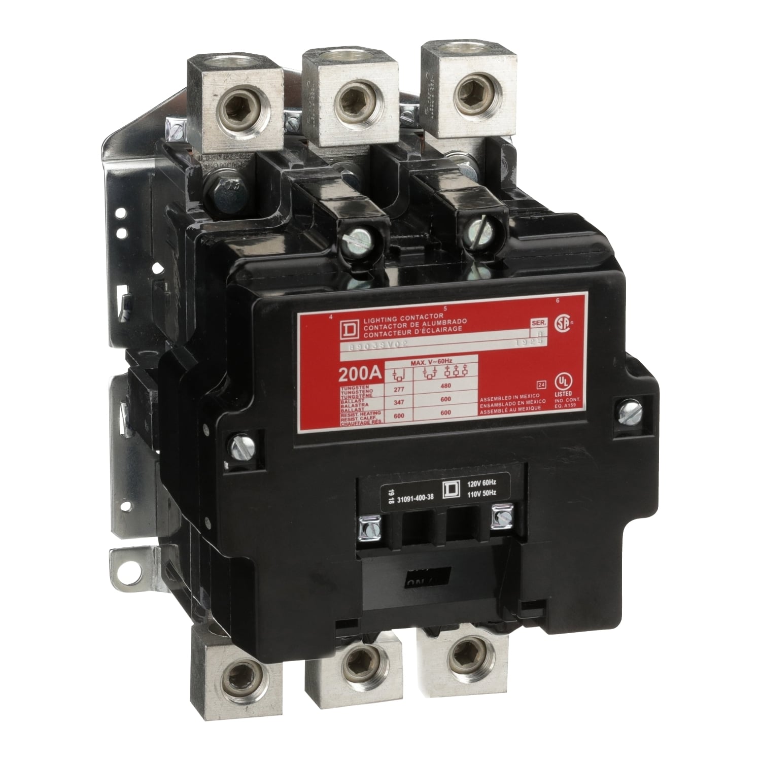 8903SVO2V02 Type S Electrically Held Multi-Pole Lighting Contactor, 110/120 V AC V Coil, 200 A, 3 Poles