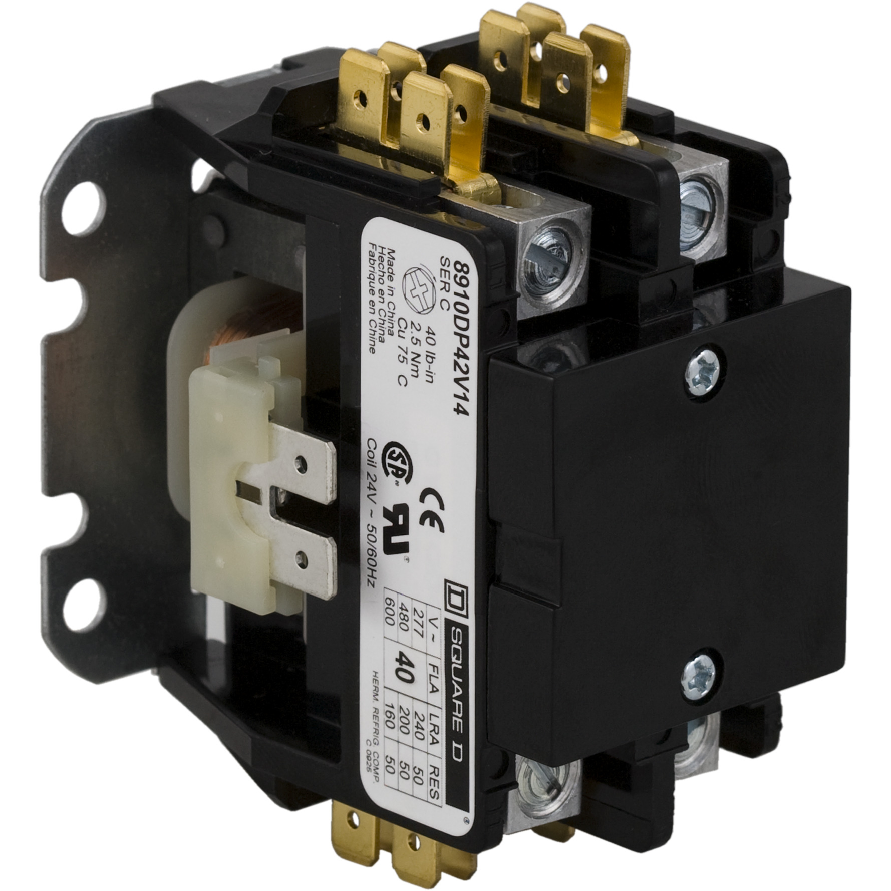 8910DP12V04 Type DP Definite Purpose Contactor, 277 V AC V Coil, 20 A, 2NO Contact, 2 Poles