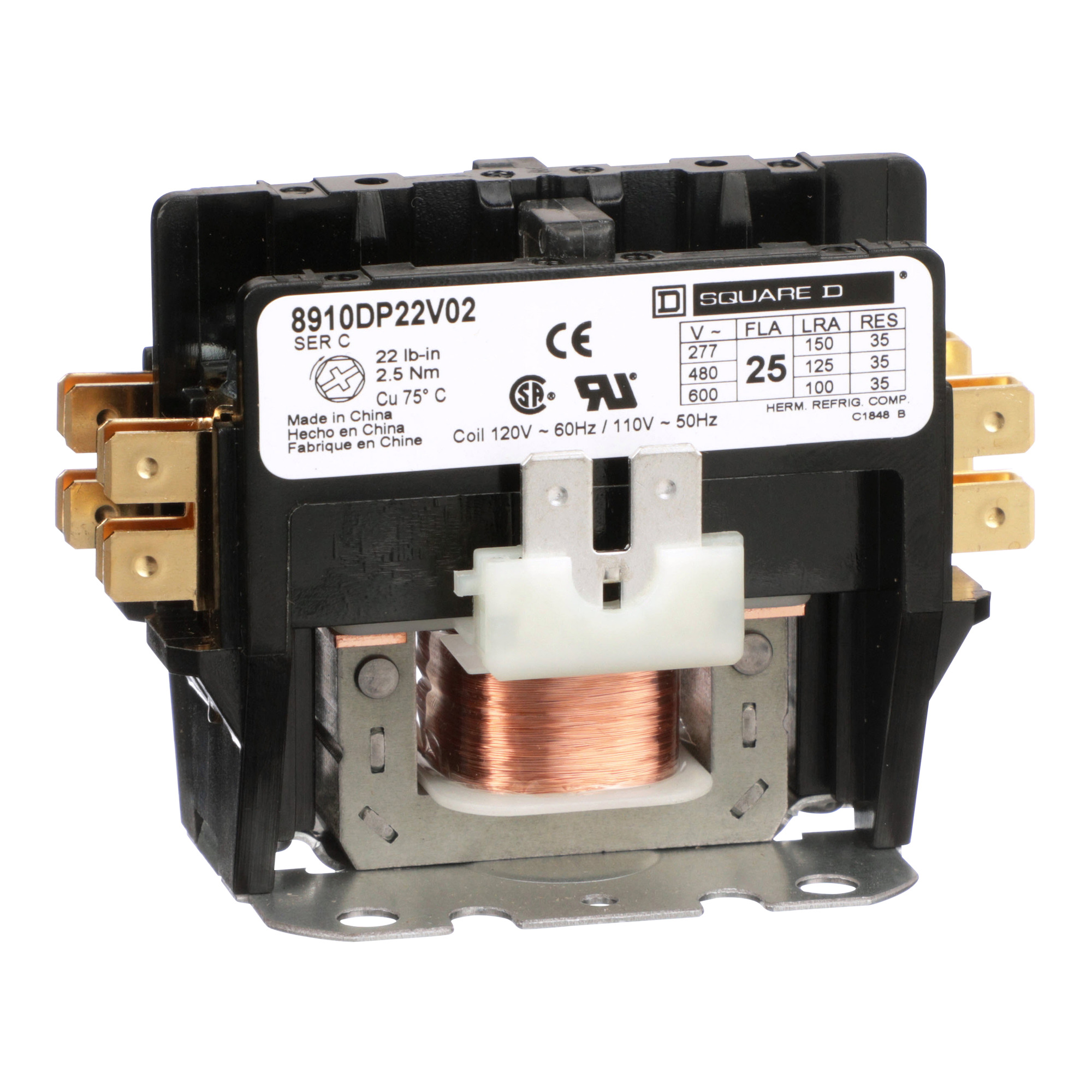 8910DP22V02 Electro-Mechanical Non-Reversing Definite Purpose Contactor, 110/120 V AC V Coil, 25 A, 2NO Contact, 2 Poles