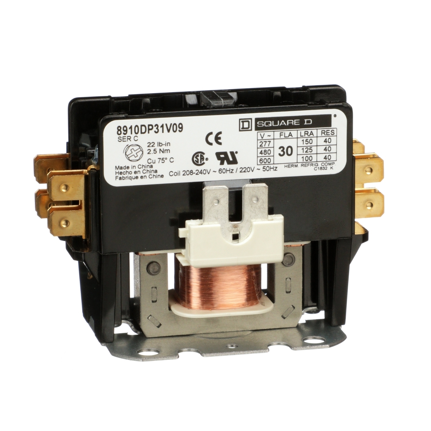 8910DP31V09 8910 1-Phase Type DP Contactor, 208/220/240 V AC V Coil, 30 A, 1NO Contact, 1 Poles