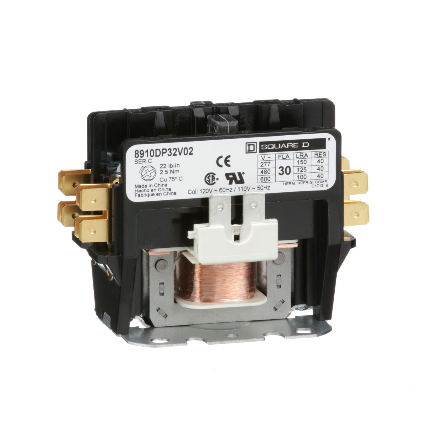 8910DP32V02 Type DP 1-Phase Electromechanical Definite Purpose Contactor, 110/120 V AC V Coil, 30 A, 2NO Contact, 2 Poles