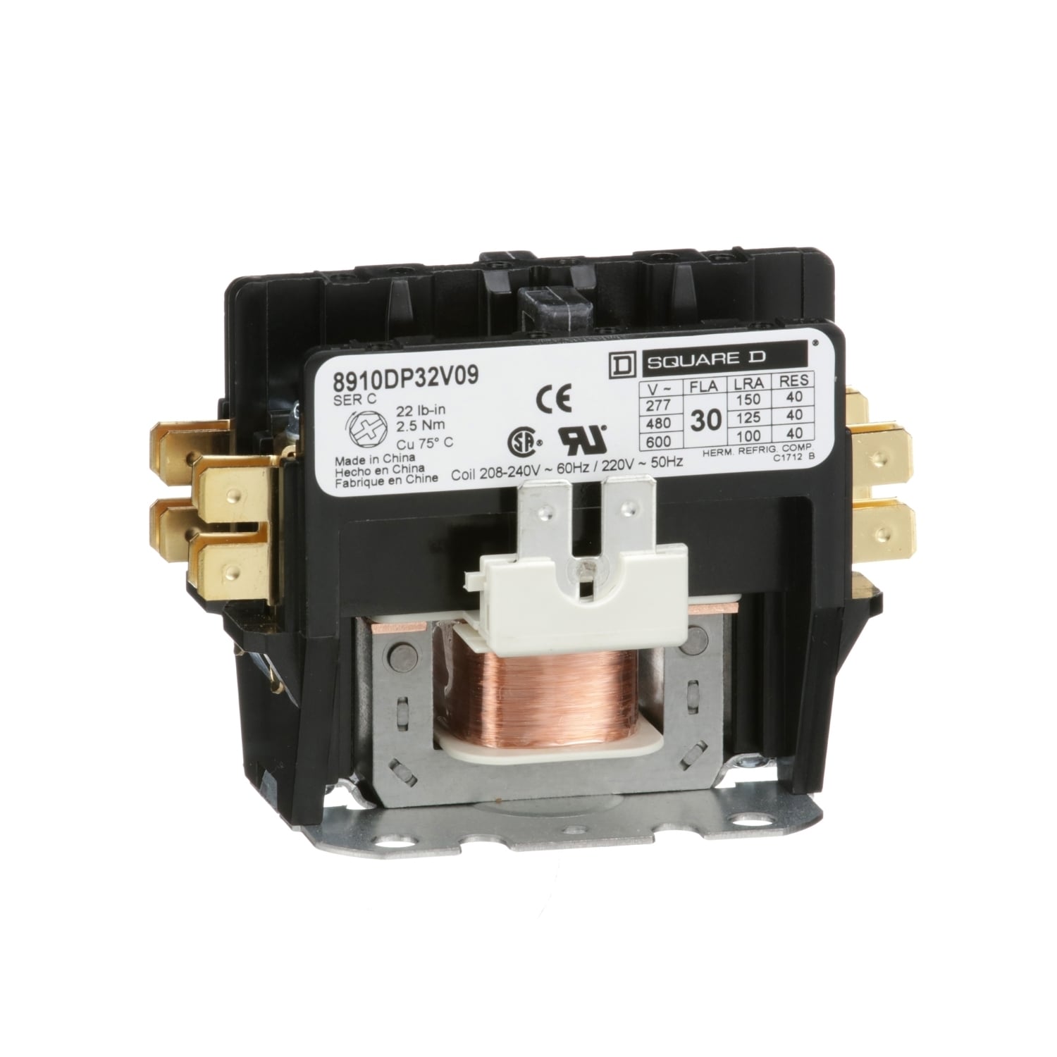 8910DP32V09 Type DP 1-Phase Electromechanical Definite Purpose Contactor, 208/220/240 V AC V Coil, 30 A, 2NO Contact, 2 Poles