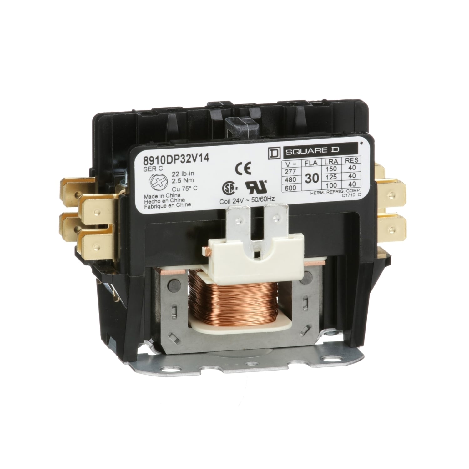 8910DP32V14 Type DP 1-Phase Electromechanical Definite Purpose Contactor, 24 V AC V Coil, 30 A, 2NO Contact, 2 Poles