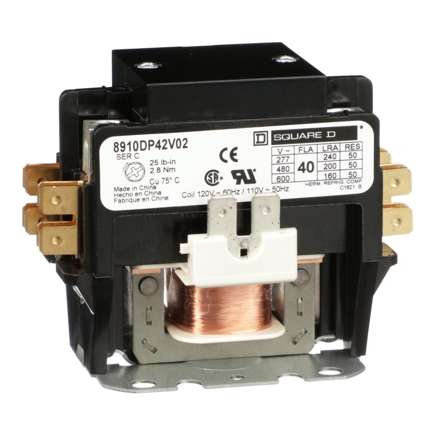 8910DP42V02 Type DP 1-Phase Electromechanical Definite Purpose Contactor, 110/120 V AC V Coil, 40 A, 2NO Contact, 2 Poles