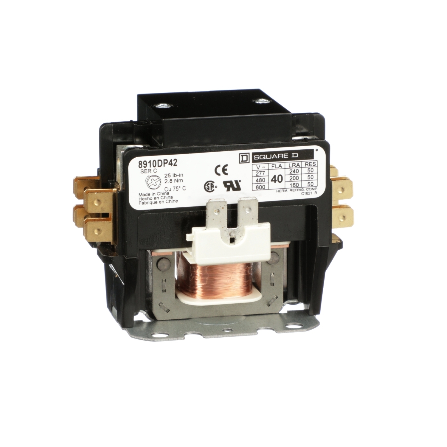 8910DP42V09 1-Phase Type DP Definite Purpose Contactor, 208/220/240 V AC V Coil, 40 A, 2NO Contact, 2 Poles