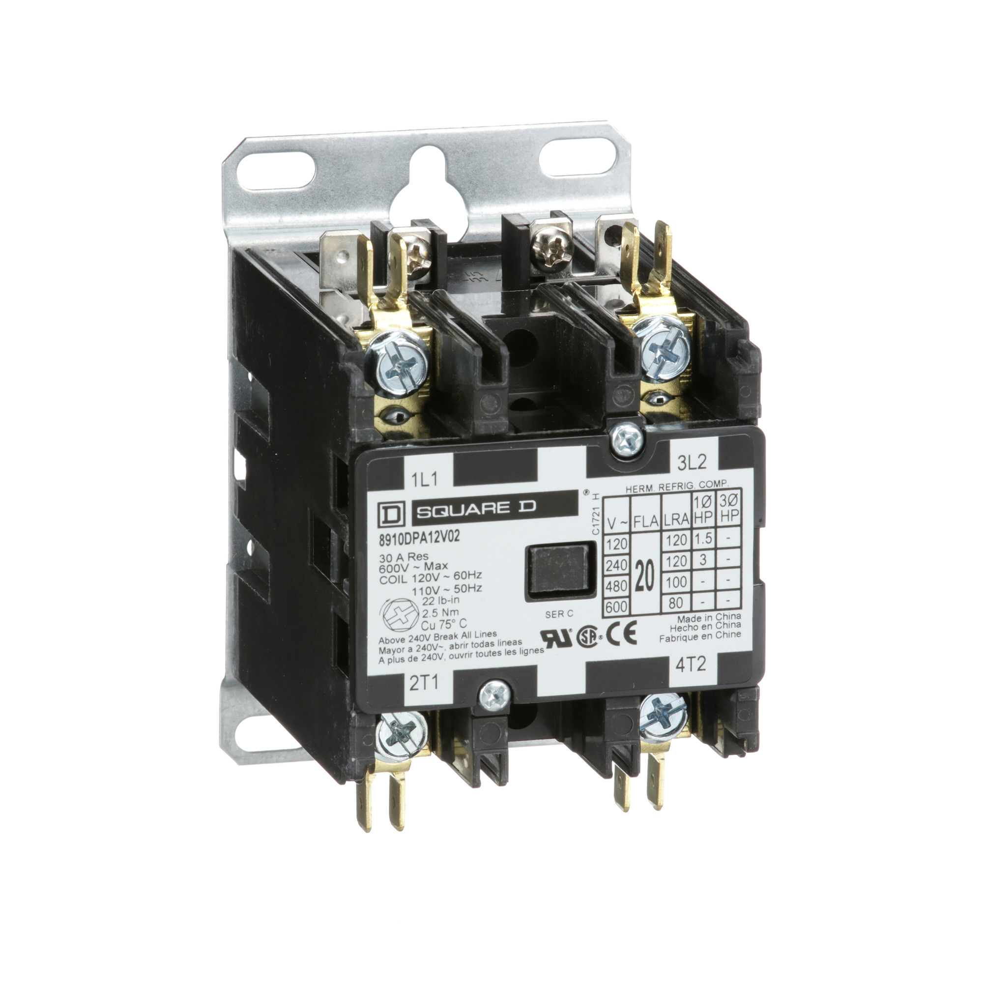 8910DPA12V02 1-Phase Electro-Mechanical Definite Purpose Contactor, 110/120 V AC V Coil, 20 A, 2NO Contact, 2 Poles
