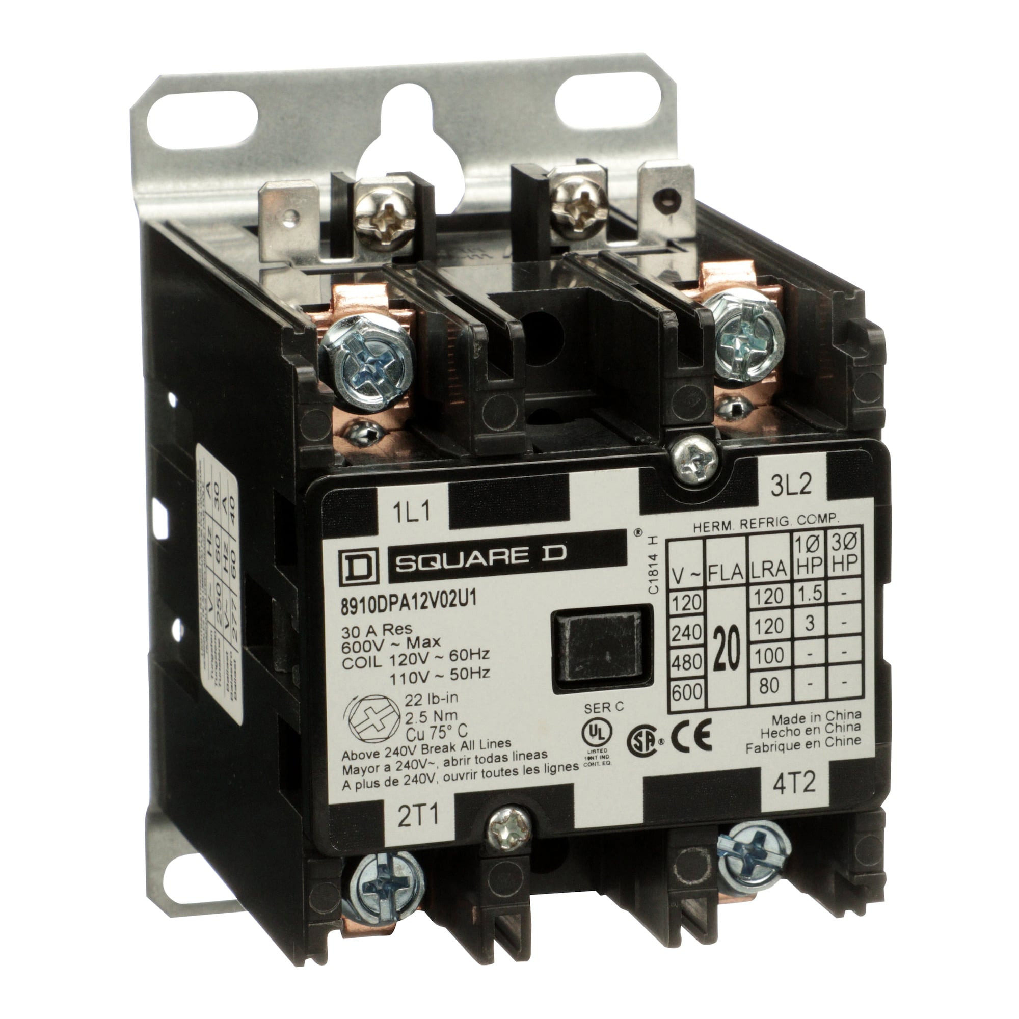 8910DPA12V02U1 Type DPA Definite Purpose Contactor, 110 V AC at 50 Hz to 120 V AC at 60 Hz V Coil, 20 A, 2NO Contact, 2 Poles