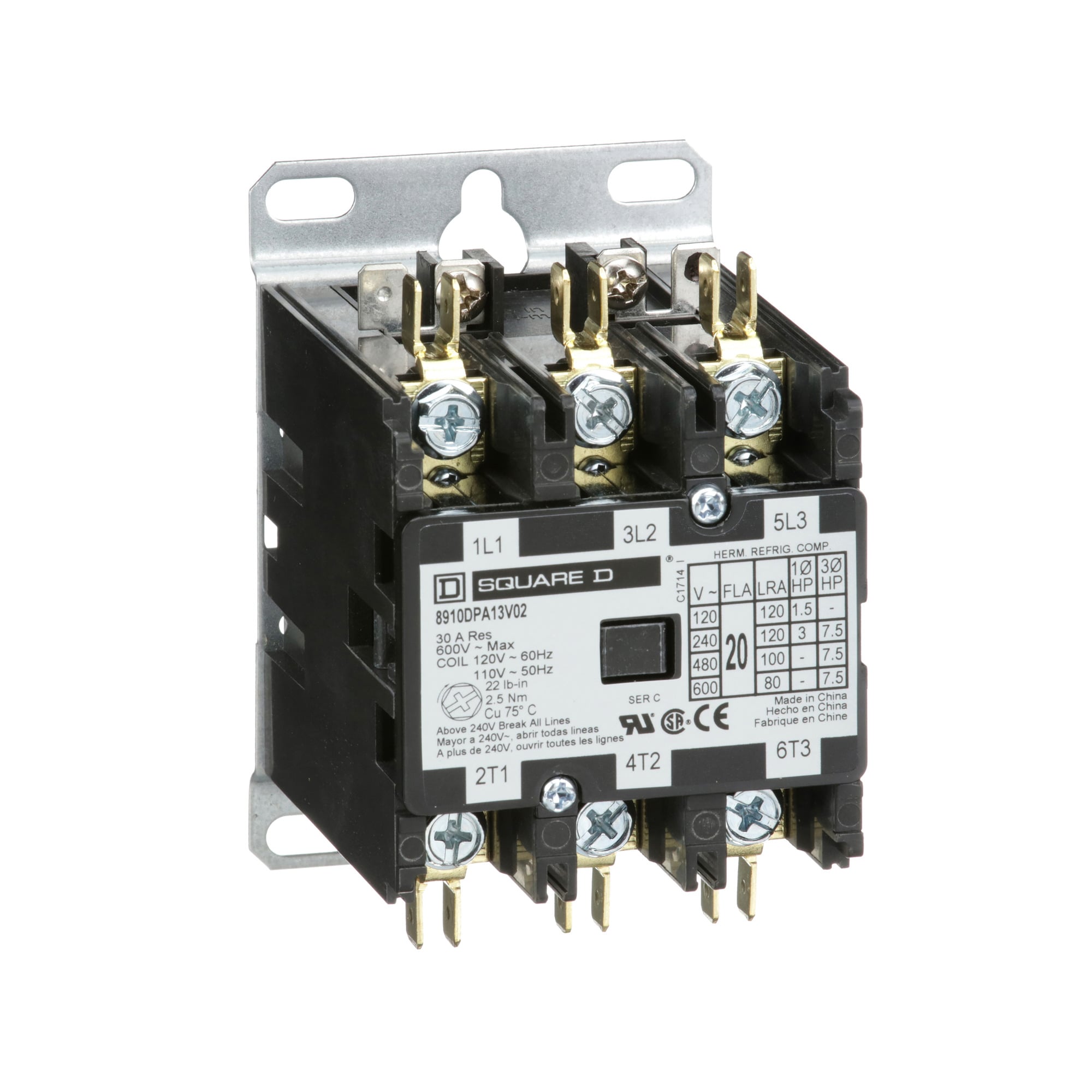 8910DPA13V02 3-Phase Electro-Mechanical Definite Purpose Contactor, 110/120 V AC V Coil, 20 A, 3NO Contact, 3 Poles