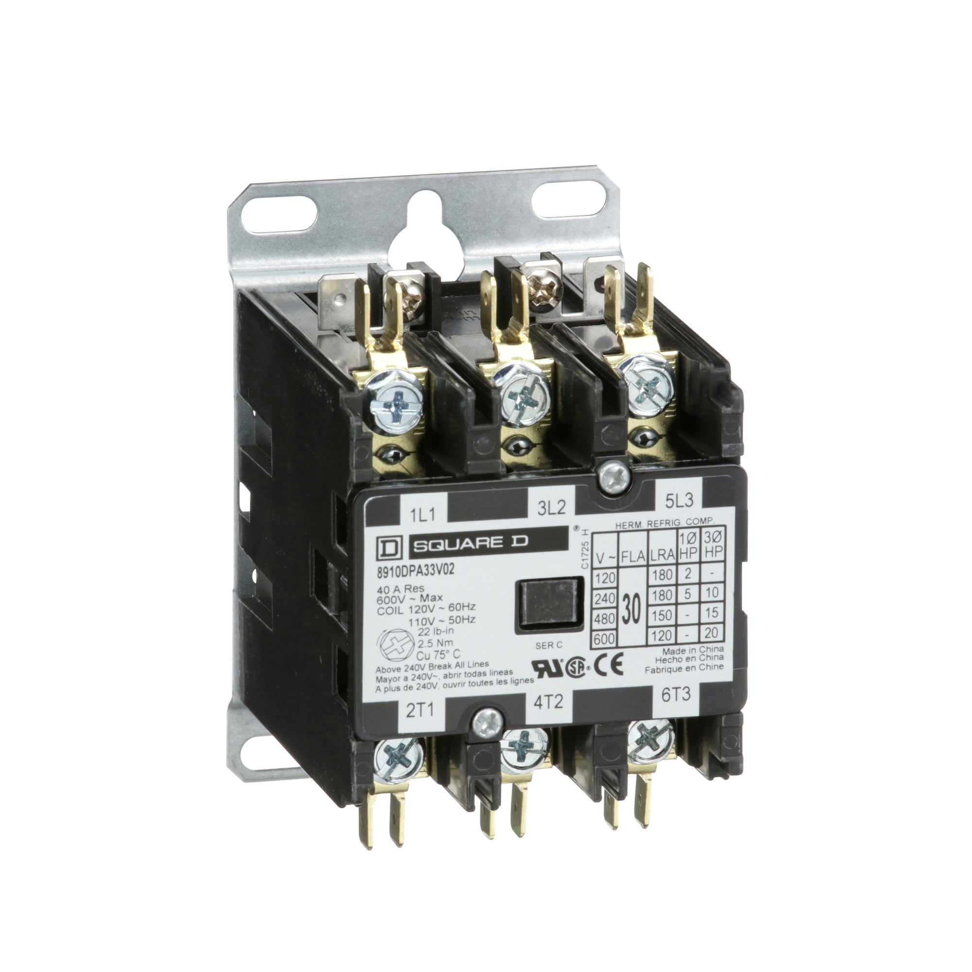 8910DPA13V09 3-Phase Definite Purpose Contactor, 208/220/240 V AC V Coil, 20 A, 3NO Contact, 3 Poles