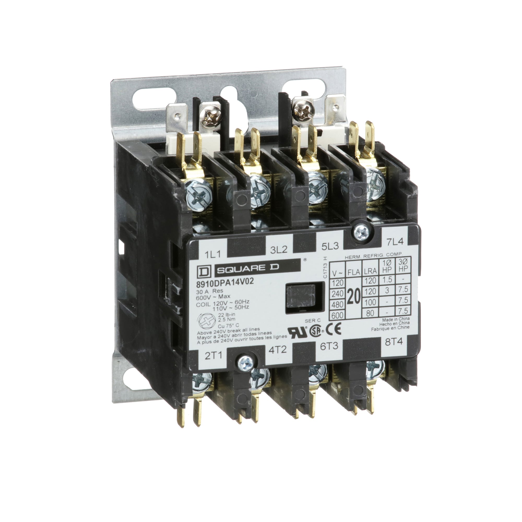 8910DPA14V02 3-Phase Electro-Mechanical Definite Purpose Contactor, 110/120 V AC V Coil, 20 A, 4NO Contact, 4 Poles
