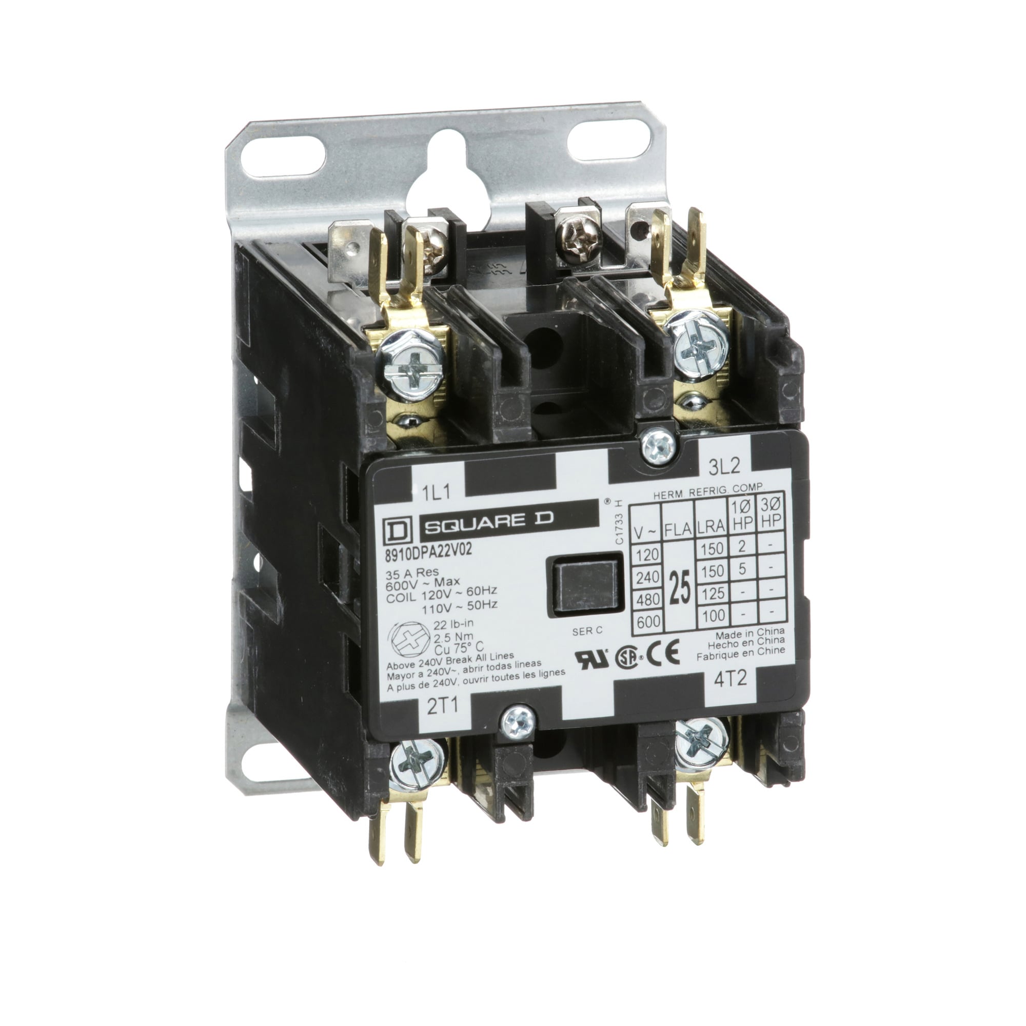 8910DPA22V02 1-Phase Electro-Mechanical Definite Purpose Contactor, 110/120 V AC V Coil, 25 A, 2NO Contact, 2 Poles