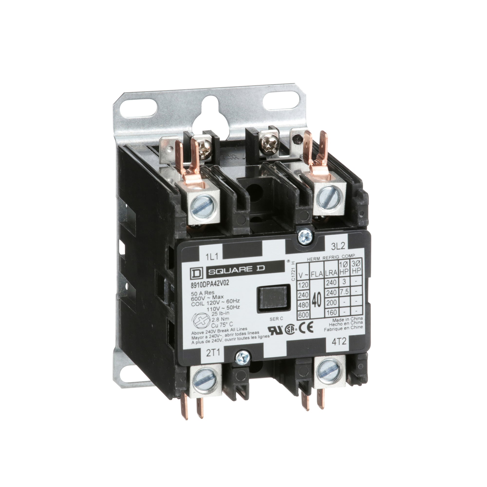 8910DPA22V09 Electro-Mechanical Definite Purpose Contactor, 208/220/240 V AC V Coil, 25 A, 2NO Contact, 2 Poles