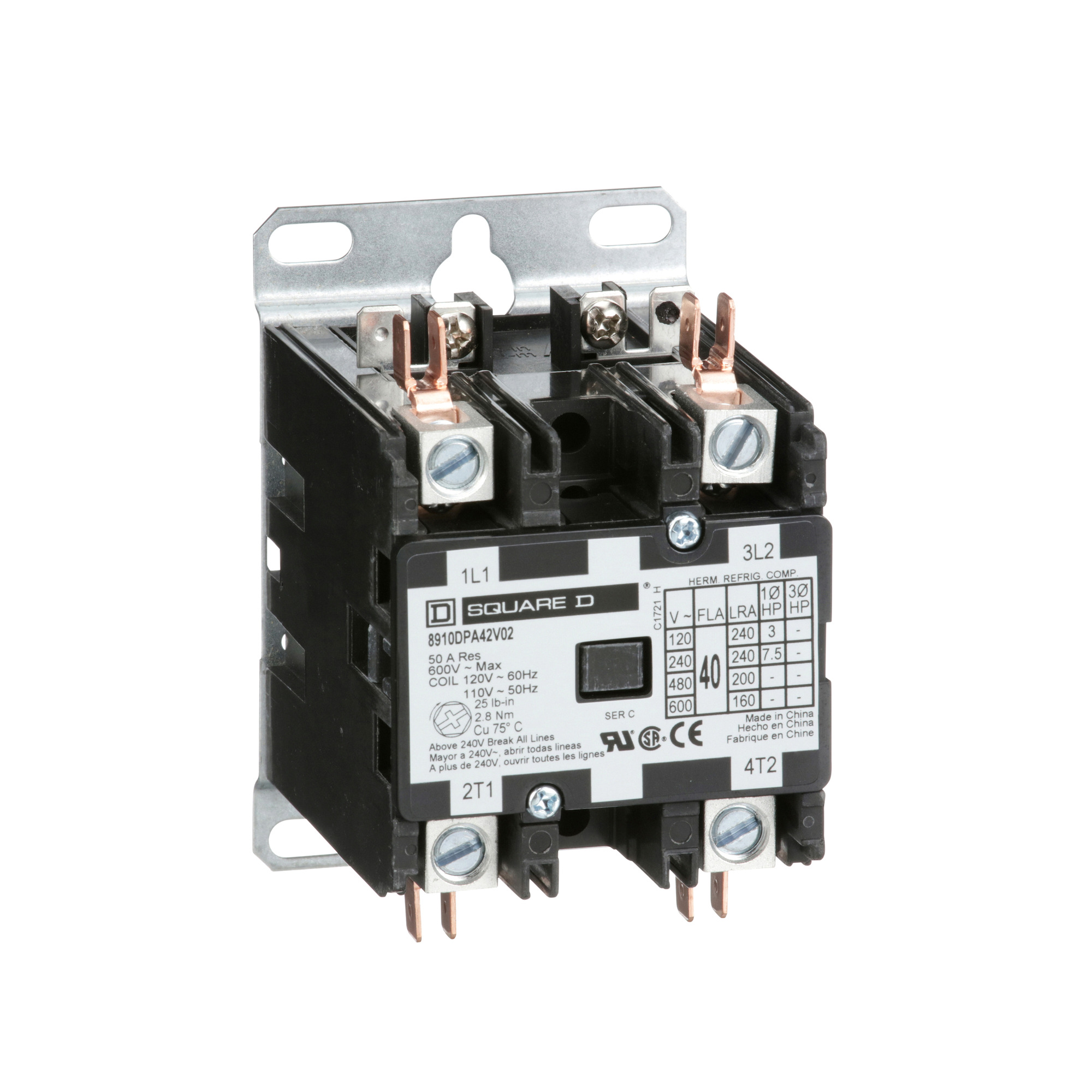 8910DPA22V14 1-Phase Definite Purpose Contactor, 24 V AC V Coil, 25 A, 2NO Contact, 2 Poles