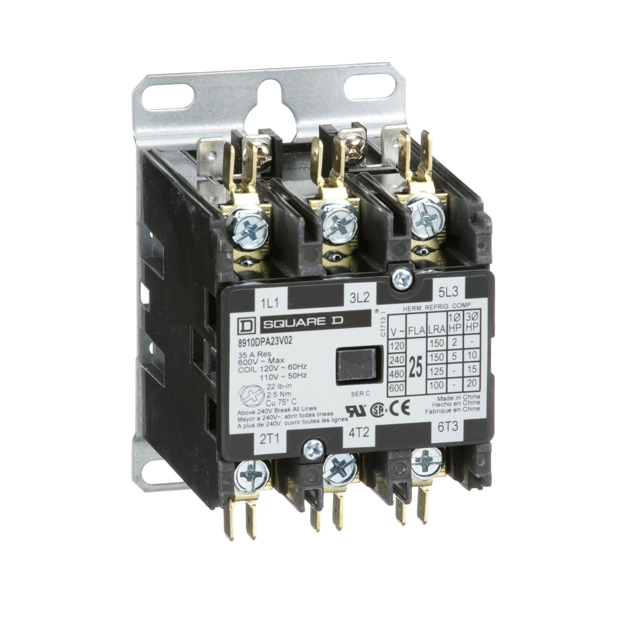 8910DPA23V02 Electro-Mechanical Non-Reversing Definite Purpose Contactor, 110/120 V AC V Coil, 25 A, 3NO Contact, 3 Poles