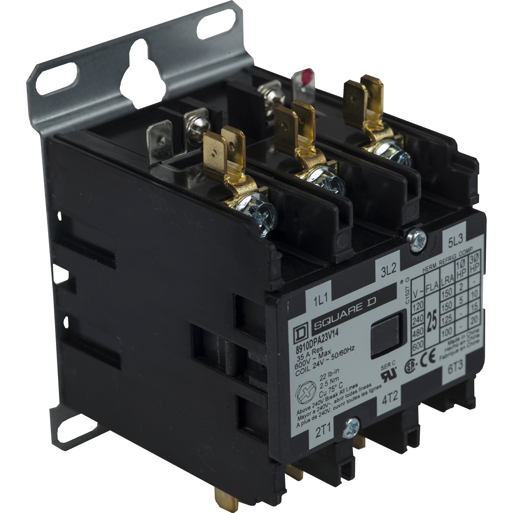 8910DPA23V14 Electro-Mechanical Non-Reversing Definite Purpose Contactor, 24 V AC V Coil, 25 A, 3NO Contact, 3 Poles