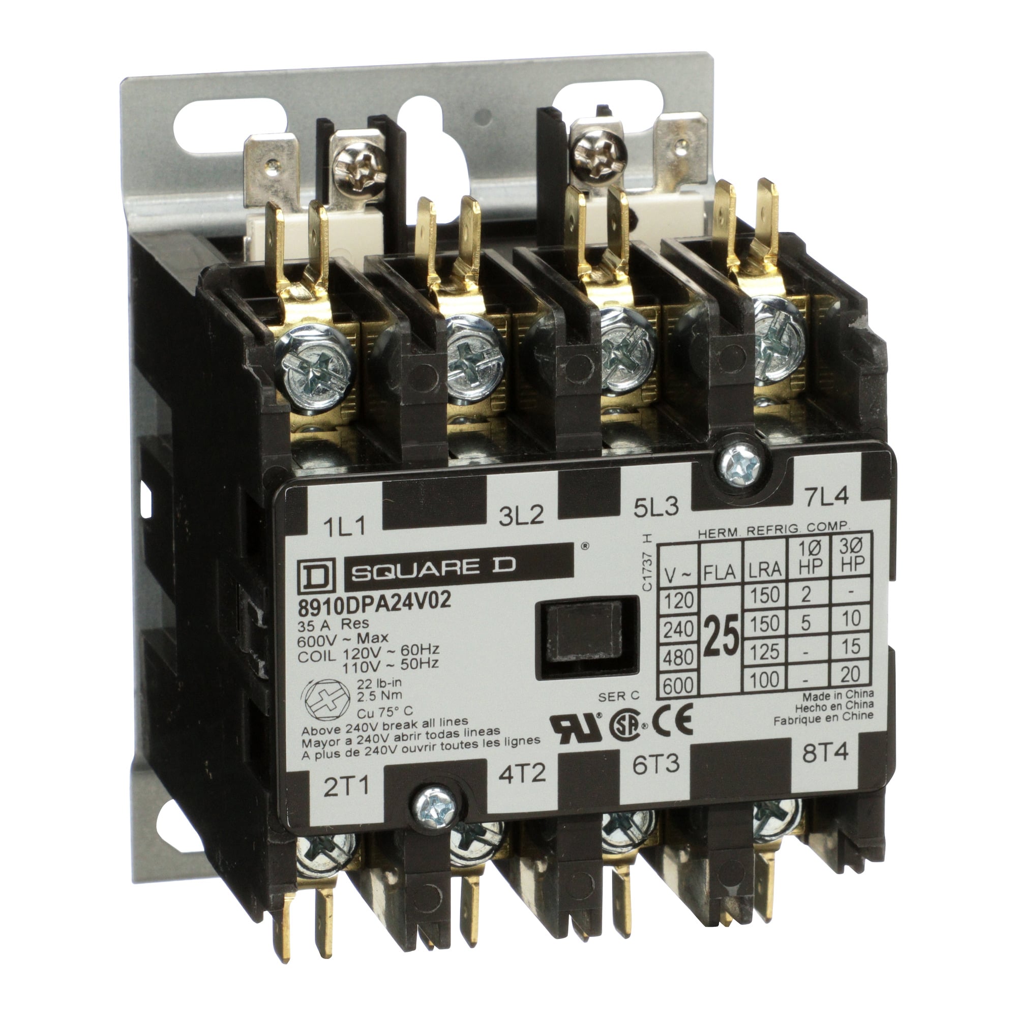 8910DPA24V02 3-Phase Electro-Mechanical Definite Purpose Contactor, 110/120 V AC V Coil, 25 A, 4NO Contact, 4 Poles