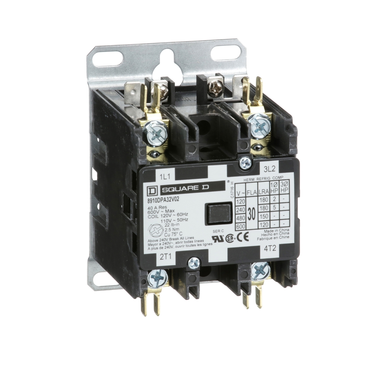 8910DPA32V02 8910DPA Electro-Mechanical Type DPA 1-Phase Electromechanical Definite Purpose Contactor, 110/120 V AC V Coil, 30 A, 2NO Contact, 2 Poles