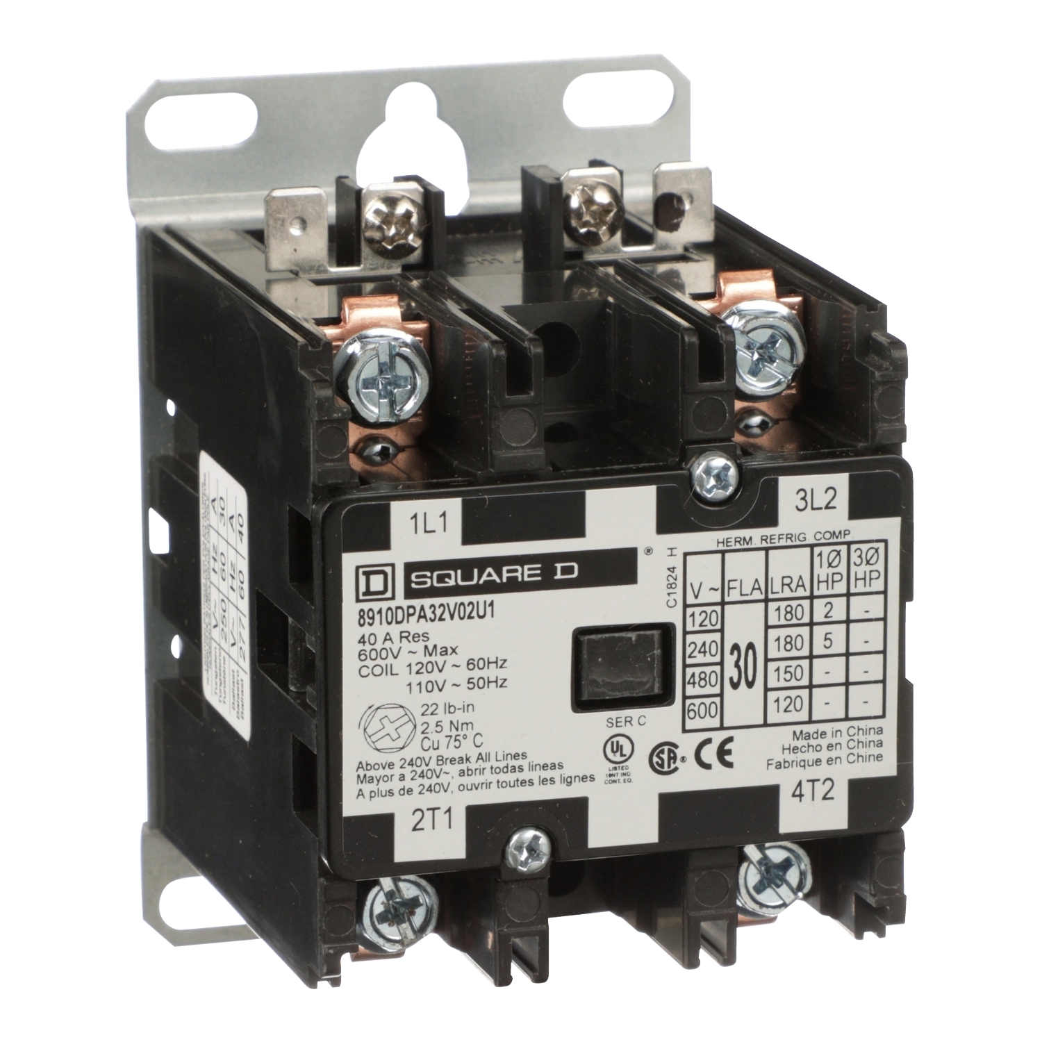 8910DPA32V02U1 Type DPA Definite Purpose Contactor, 110 V AC at 50 Hz to 120 V AC at 60 Hz V Coil, 30 A, 2NO Contact, 2 Poles