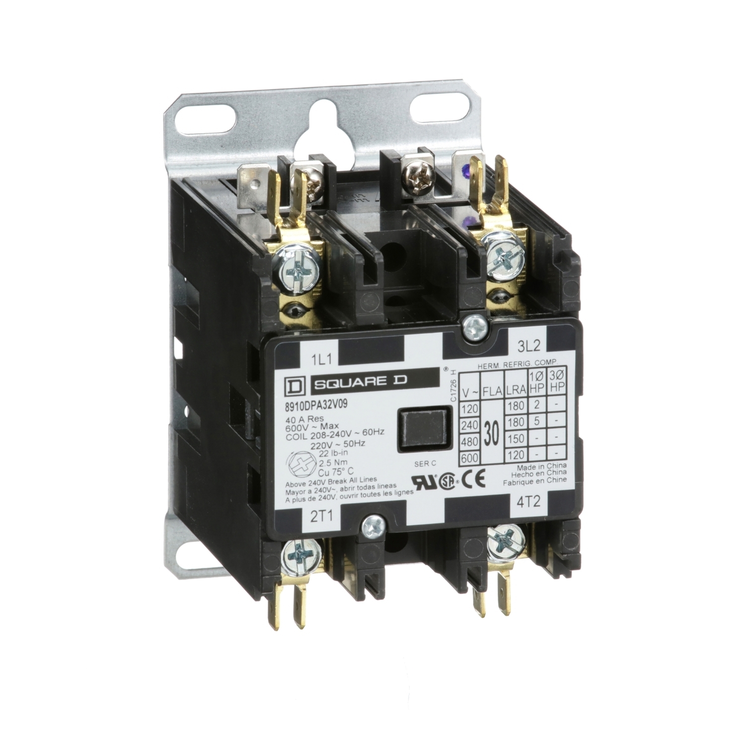 8910DPA32V09 Type DPA 1-Phase Electromechanical Definite Purpose Contactor, 208/220/240 V AC V Coil, 30 A, 2NO Contact, 2 Poles