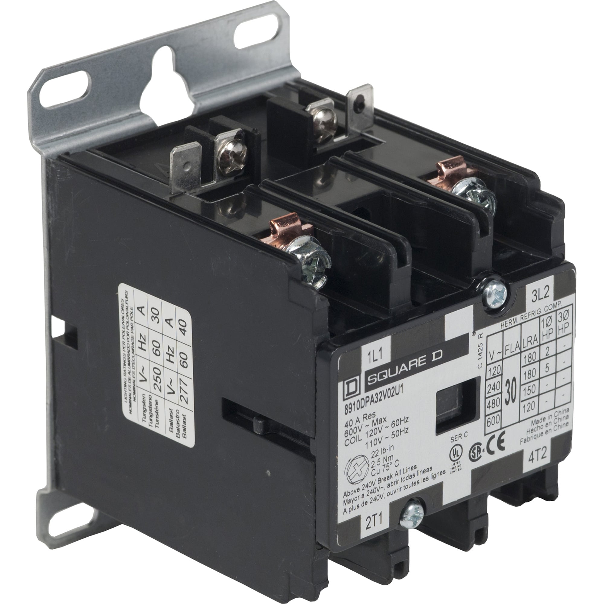 8910DPA32V09U1 Type DPA Definite Purpose Contactor, 220 V AC at 50 Hz to 208/240 V AC at 60 Hz V Coil, 30 A, 2NO Contact, 2 Poles