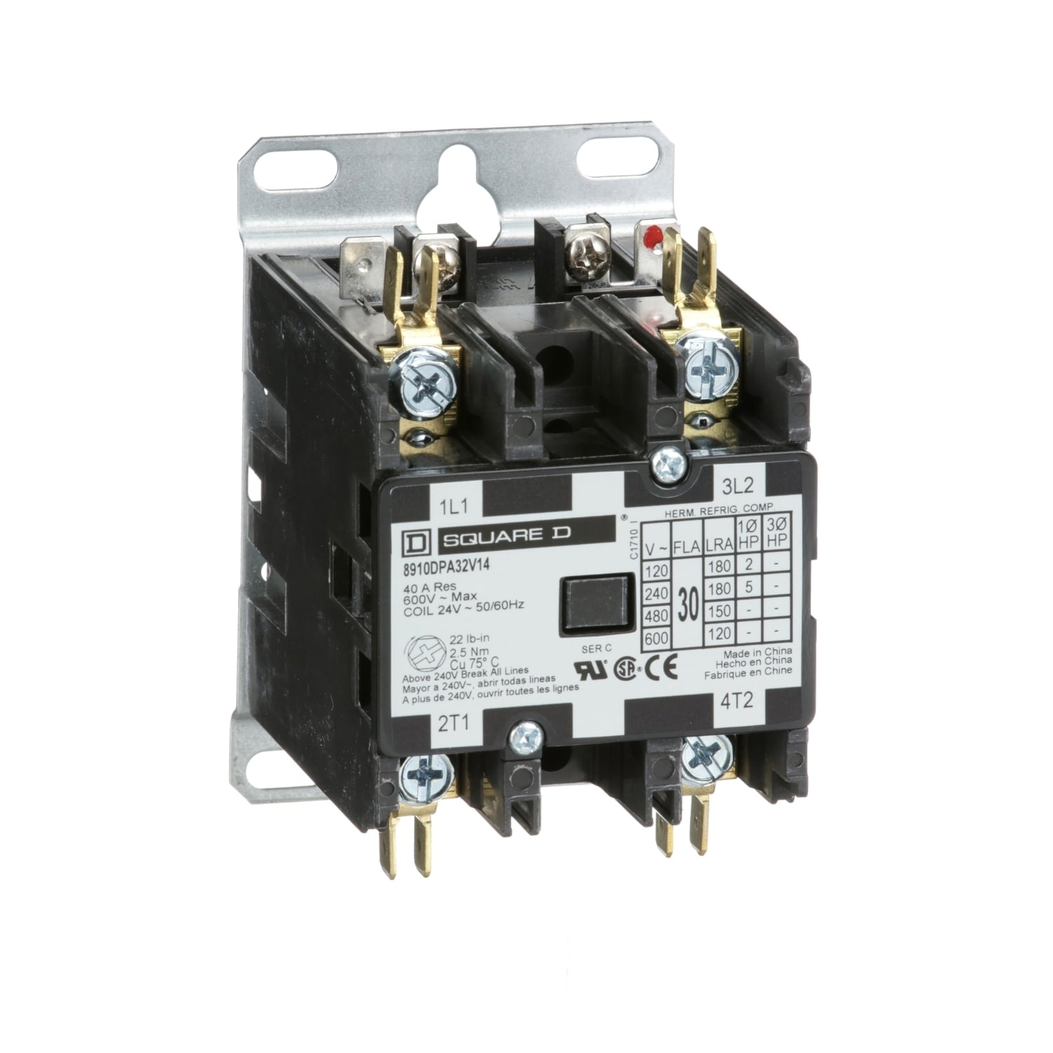 8910DPA32V14 Type DPA 1-Phase Electromechanical Definite Purpose Contactor, 24 V AC V Coil, 30 A, 2NO Contact, 2 Poles