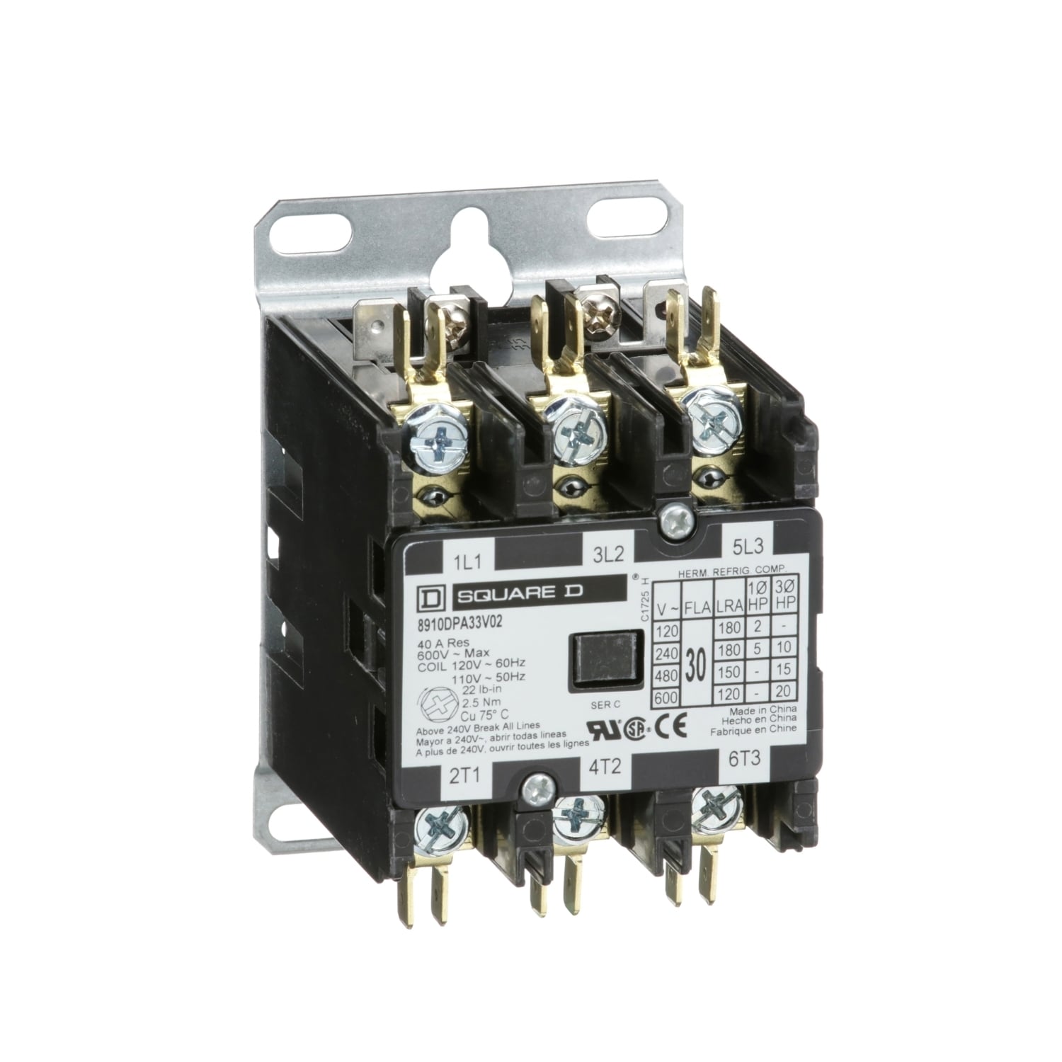 8910DPA33V02 8910DPA Electro-Mechanical Definite Purpose Contactor, 110/120 V AC V Coil, 30 A, 3NO Contact, 3 Poles
