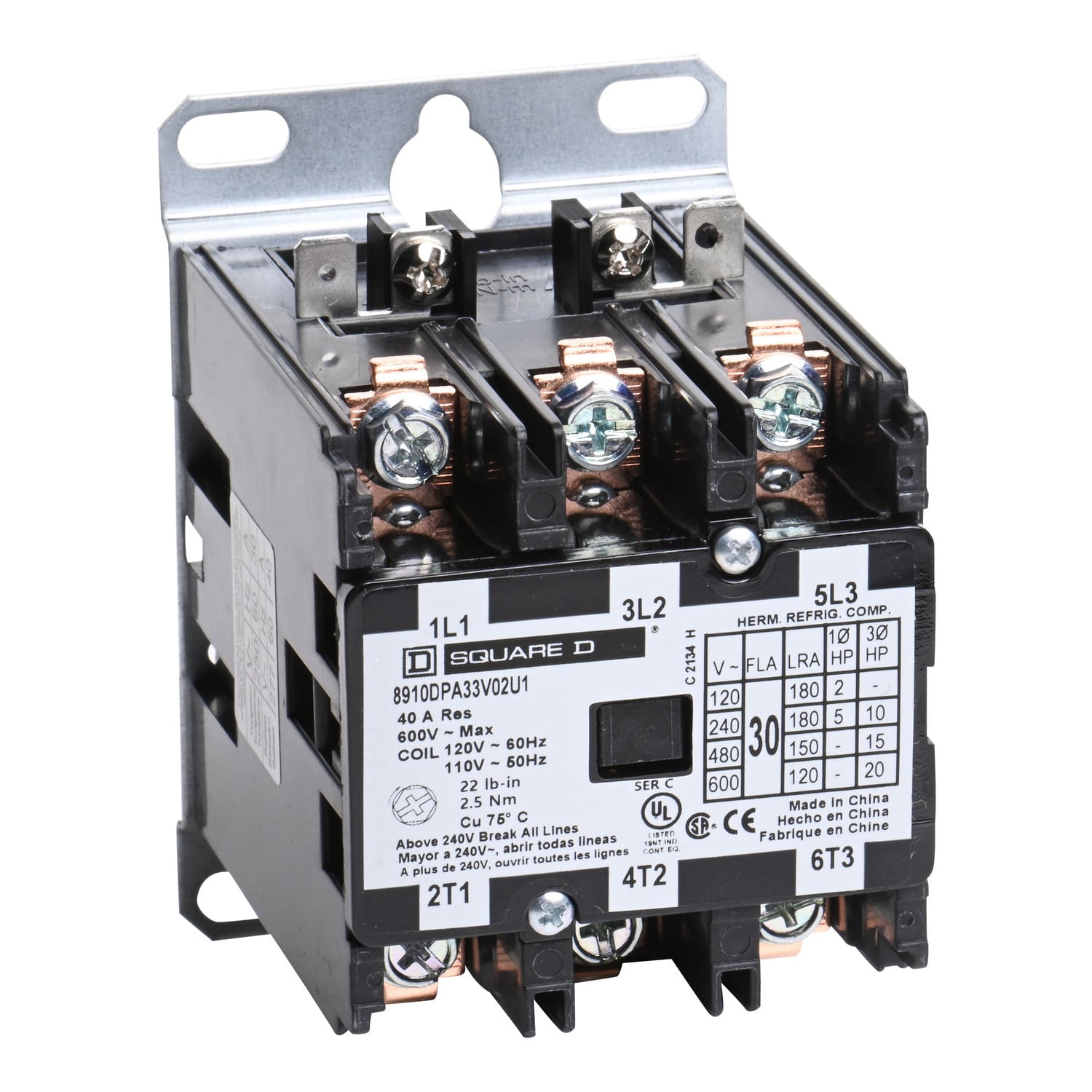 8910DPA33V02U1 Type DPA Definite Purpose Contactor, 110 V AC at 50 Hz to 120 V AC at 60 Hz V Coil, 30 A, 3NO Contact, 3 Poles