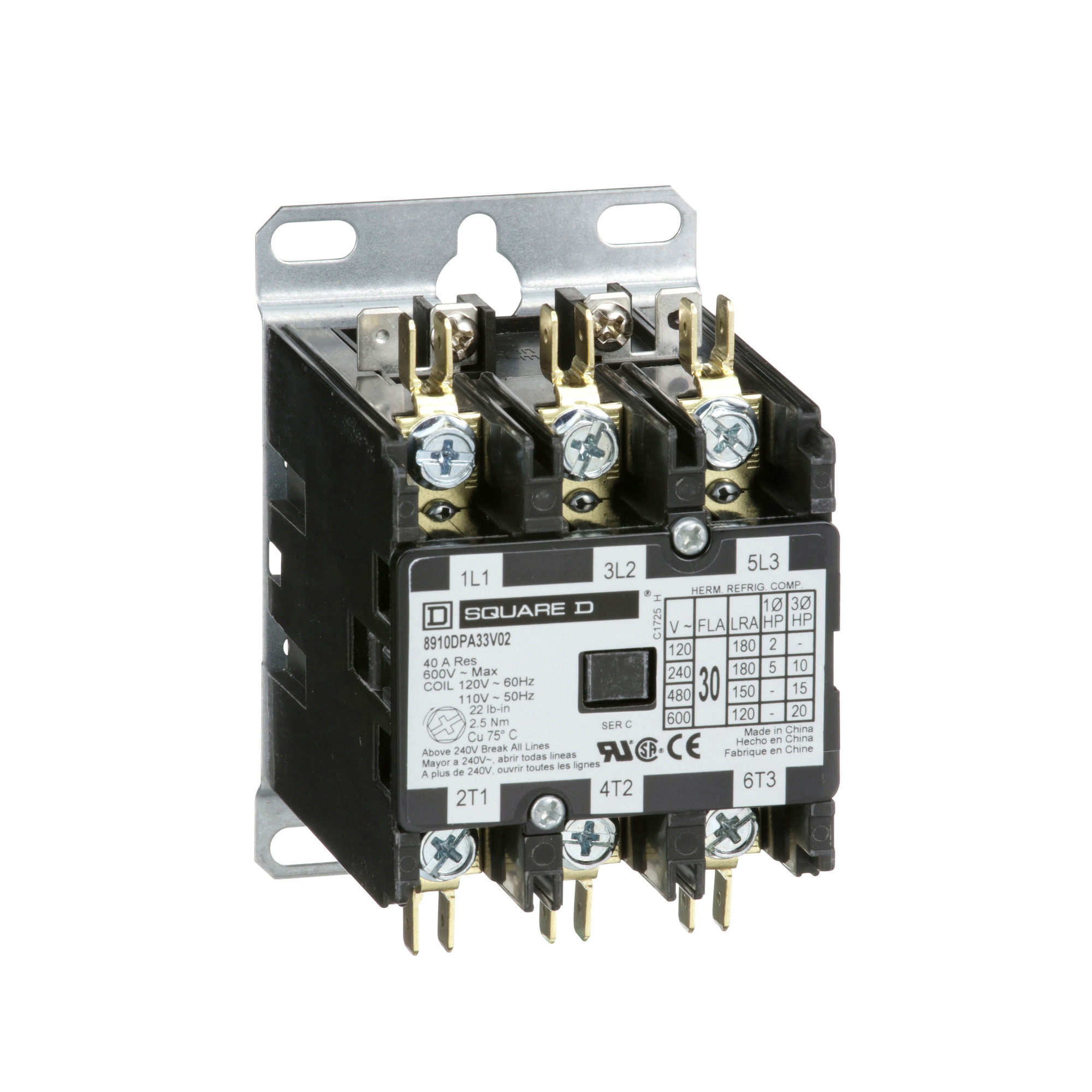 8910DPA33V02Y239 3-Phase Type DPA Definite Purpose Contactor, 110/120 V AC V Coil, 30 A, 3NO Contact, 3 Poles