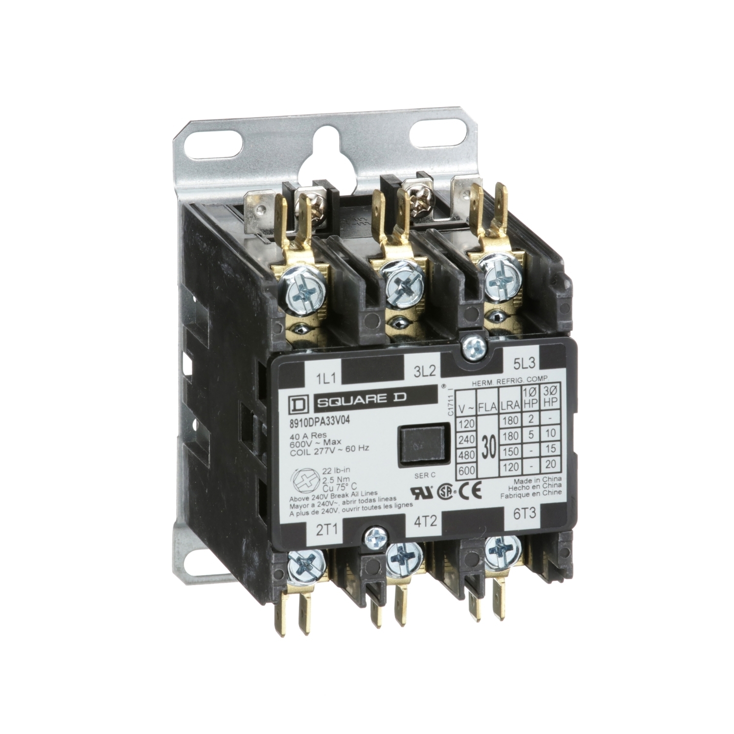 8910DPA33V04 3-Phase Electromechanical Type DPA Definite Purpose Contactor, 277 V AC V Coil, 30 A, 3NO Contact, 3 Poles