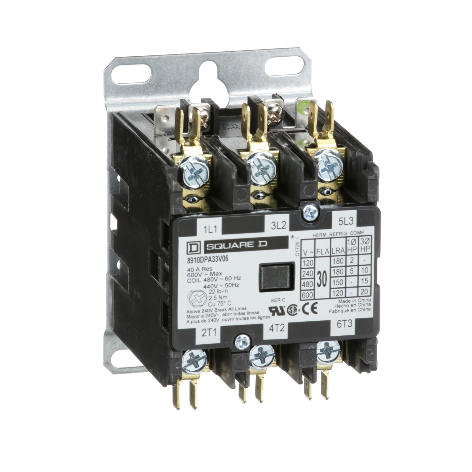 8910DPA33V06 3-Phase Electromechanical Type DPA Definite Purpose Contactor, 440/480 V AC V Coil, 30 A, 3NO Contact, 3 Poles