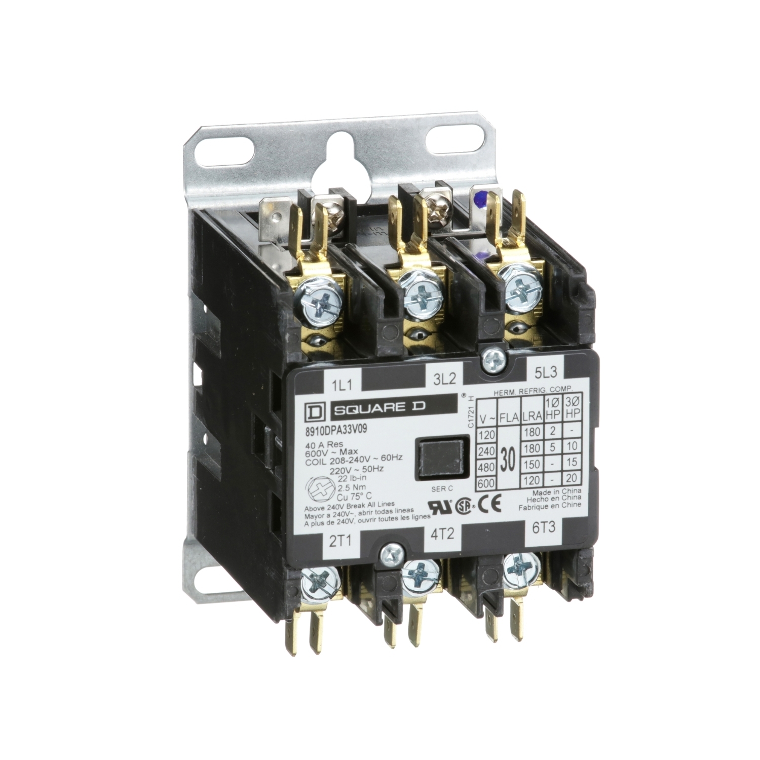 8910DPA33V09 3-Phase Electromechanical Type DPA Definite Purpose Contactor, 208/220/240 V AC V Coil, 30 A, 3NO Contact, 3 Poles