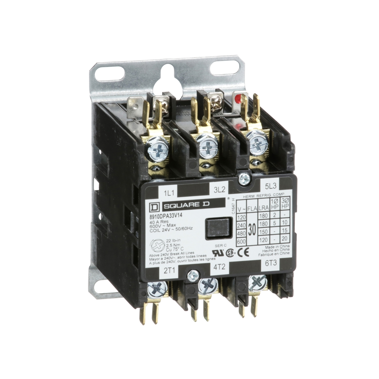 8910DPA33V14 3-Phase Electromechanical Type DPA Definite Purpose Contactor, 24 V AC V Coil, 30 A, 3NO Contact, 3 Poles