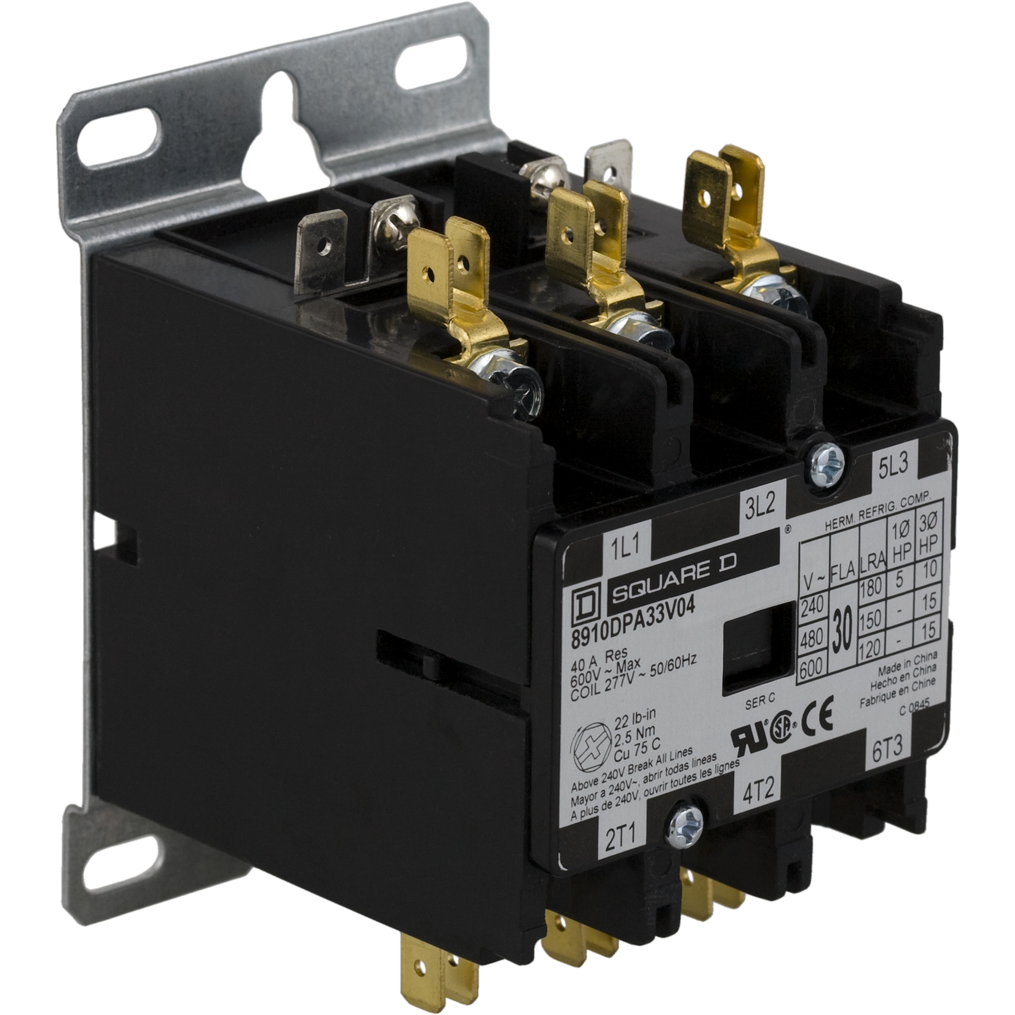 8910DPA33V14Y244 Definite Purpose Contactor With (2) Mounting Screws, 24 V AC V Coil, 30 A, 3NO Contact, 3 Poles