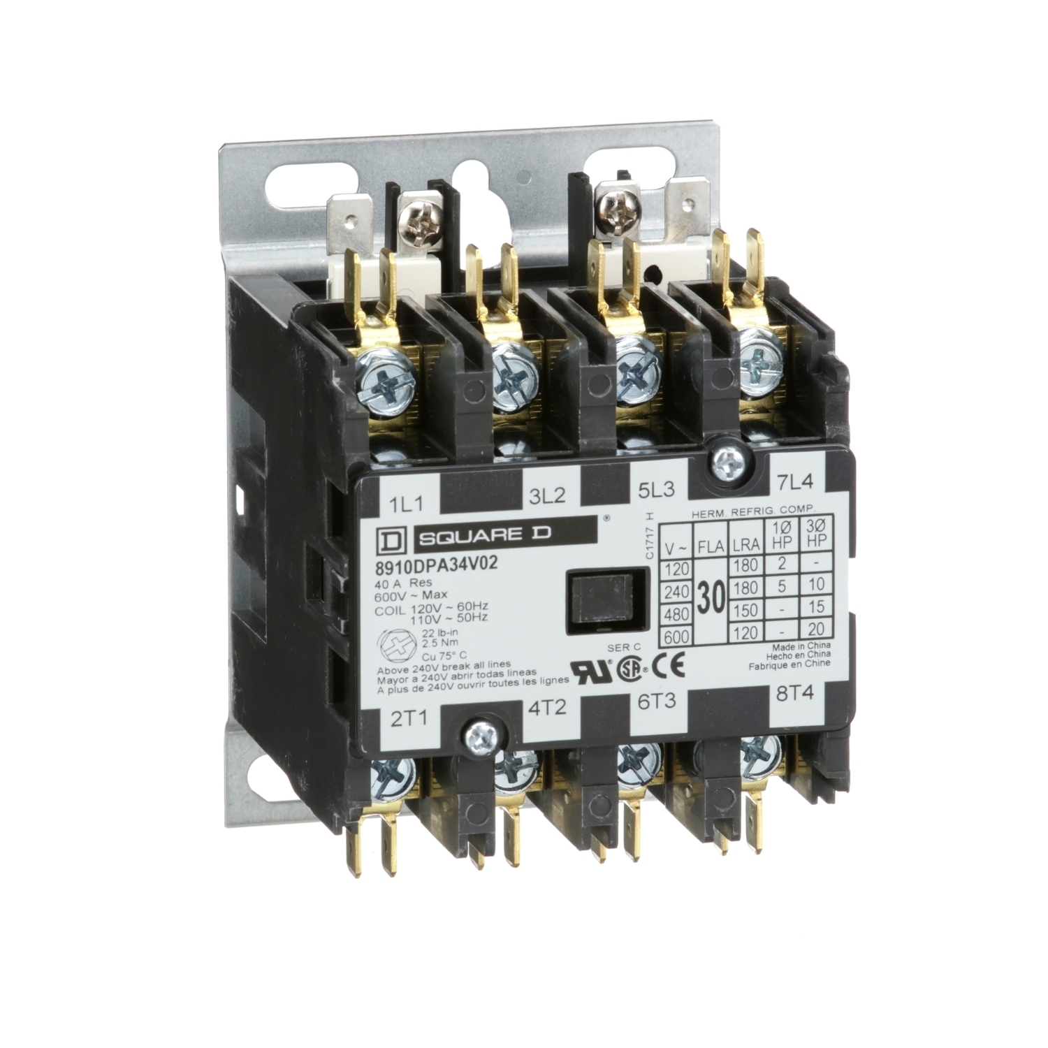 8910DPA34V02 8910 3-Phase Electromechanical Type DPA Definite Purpose Contactor, 110/120 V AC V Coil, 30 A, 4NO Contact, 4 Poles