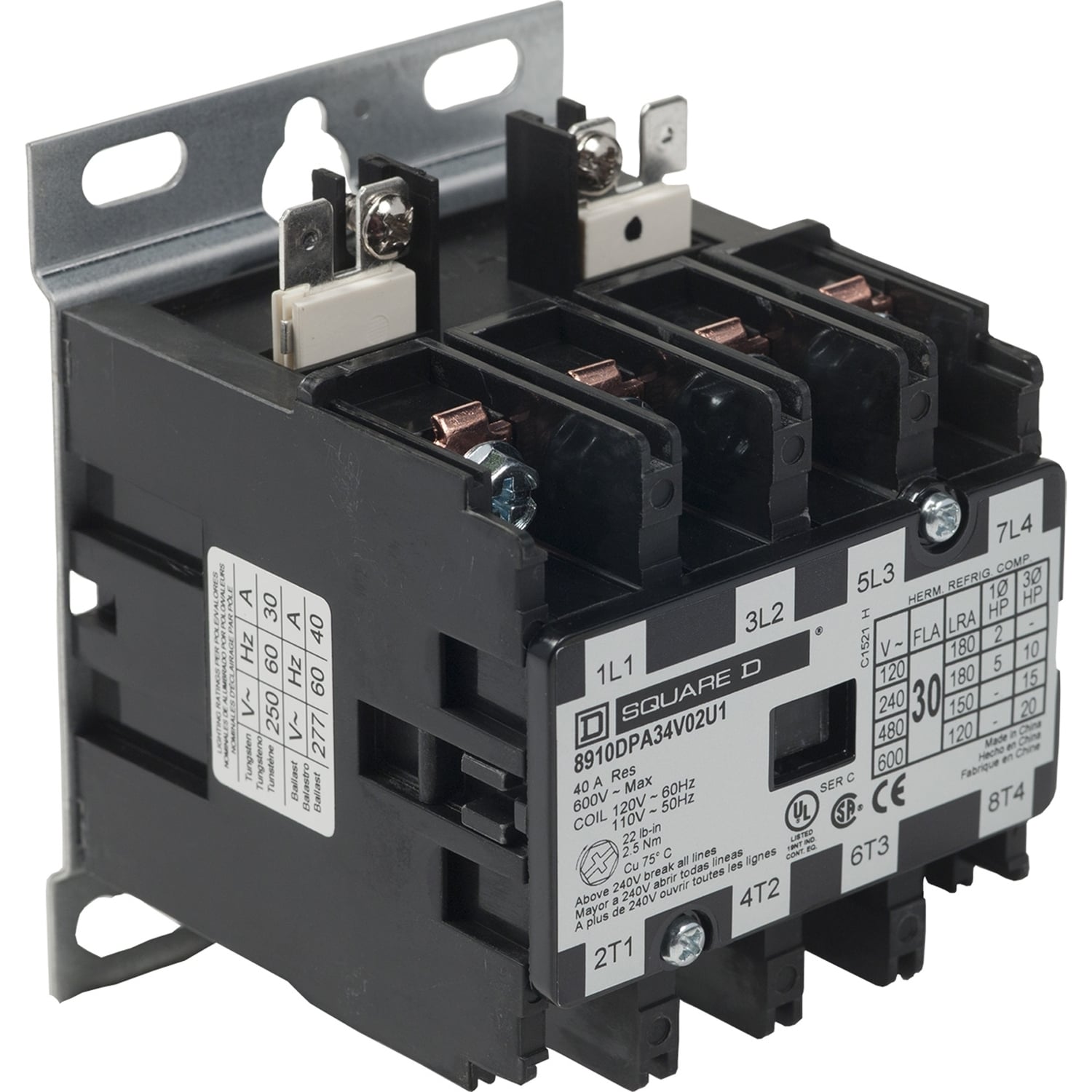 8910DPA34V02U1 Type DPA Definite Purpose Contactor, 110 V AC at 50 Hz to 120 V AC at 60 Hz V Coil, 30 A, 4NO Contact, 4 Poles