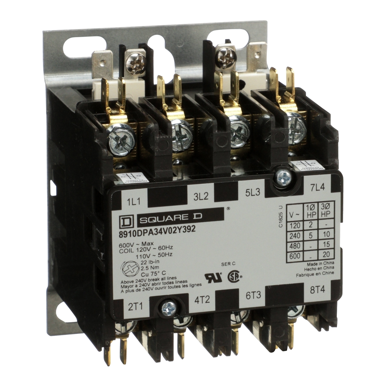 8910DPA34V02Y392 3-Phase Type DPA Definite Purpose Contactor, 110/120 V AC V Coil, 30 A, 2NO-2NC Contact, 4 Poles