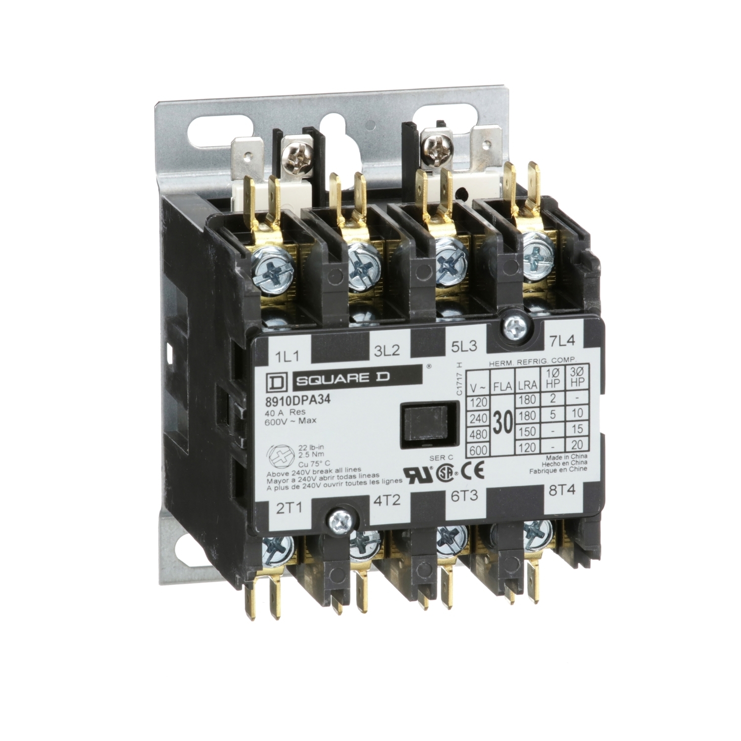 8910DPA34V04 3-Phase Type DPA Definite Purpose Contactor, 277 V AC V Coil, 30 A, 4NO Contact, 4 Poles
