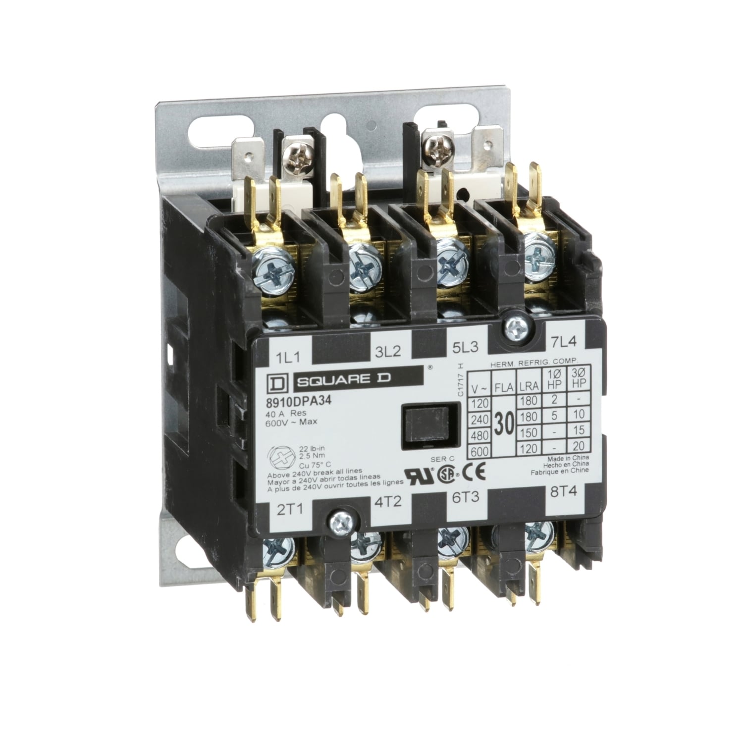 8910DPA34V09 8910 3-Phase Electromechanical Type DPA Definite Purpose Contactor, 208/220/240 V AC V Coil, 30 A, 4NO Contact, 4 Poles