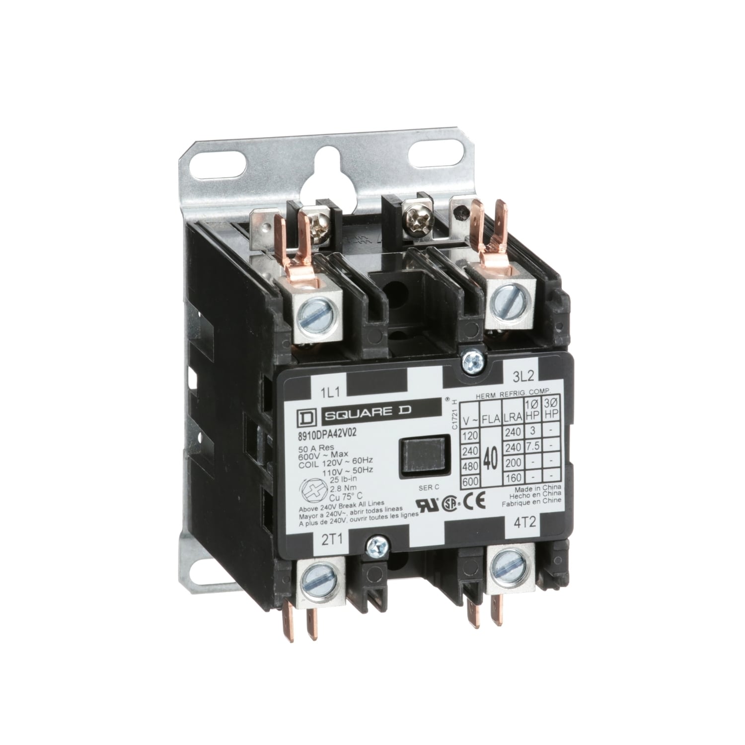 8910DPA42V02 8910 Type DPA 1-Phase Electromechanical Definite Purpose Contactor, 110/120 V AC V Coil, 40 A, 2NO Contact, 2 Poles